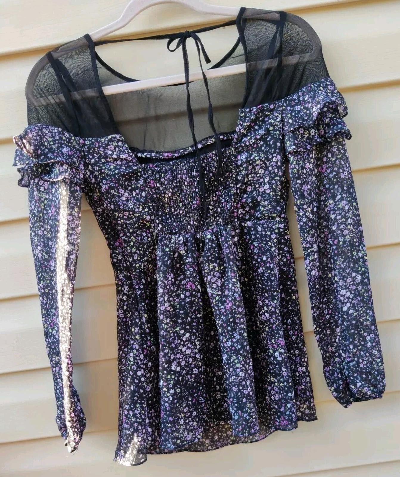 Free People Free People Black Purple Floral Smocked Ruffle Sheer Tie Nec Size XS / US 0-2 / IT 36-38 - 6 Thumbnail