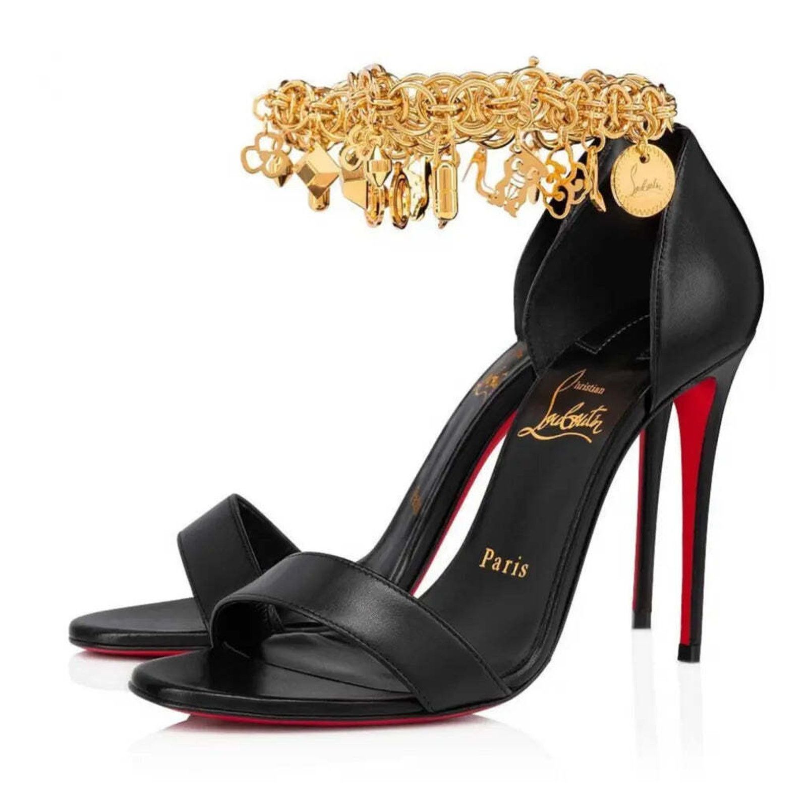 Christian Louboutin Gourmi Sandal 100 Black Gold Charm Ankle Strap Heel Pump 39 Size US 9 / IT 39 - 1 Thumbnail