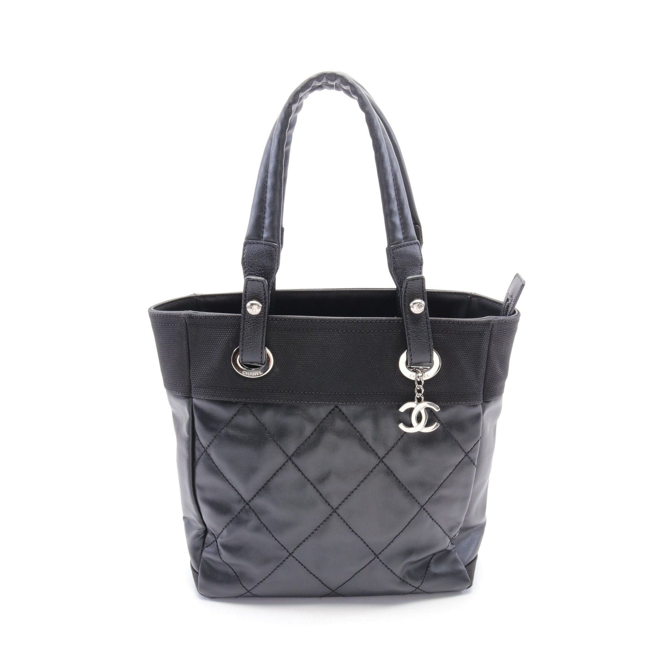 Chanel Paris Biarritz Pm Handbag Tote Bag Coated Canvas Leather Black Silver Hardware