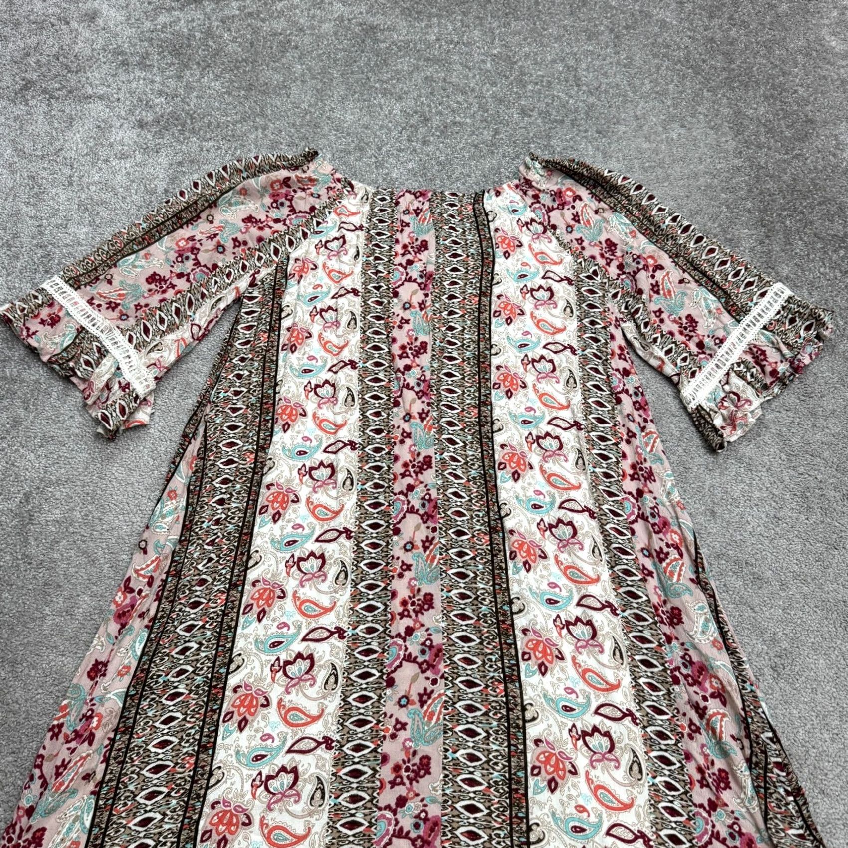 Bell NAIF Shift Dress Womens Large Multicolor Paisley Boho Bell Sleeve Crochet Trim Size L / US 10 / IT 46 - 3 Thumbnail