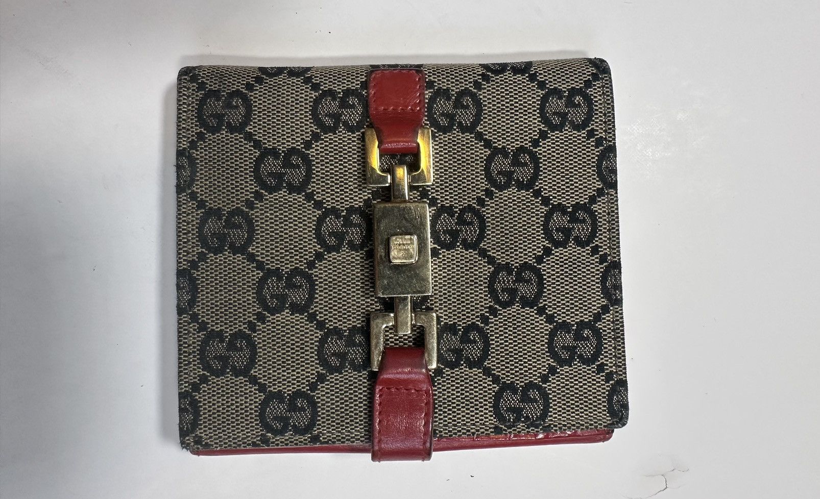 GUCCI Jackie Flap Wallet Canvas Monogram Red Leather