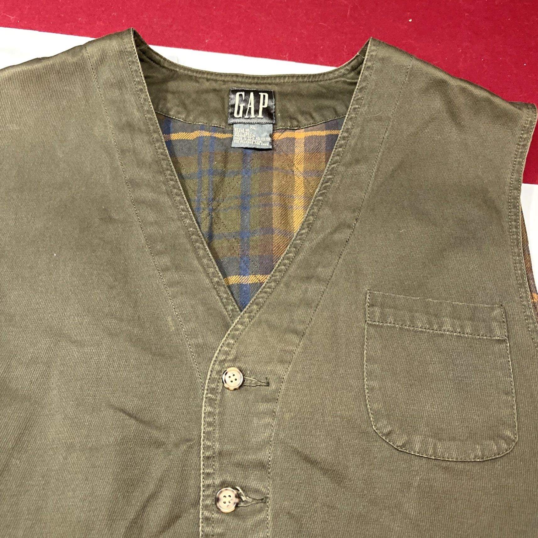 Gap VINTAGE Gap Vest 90s Plaid Flannel Lined Army Green Canvas Men XL Cotton Back Strap Lined Waistcoat Size US XL / EU 56 / 4 - 5 Thumbnail