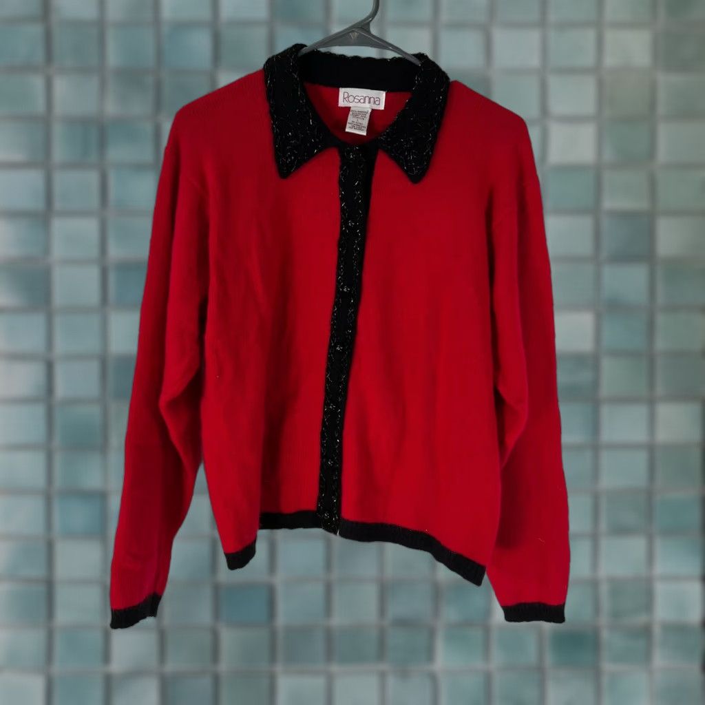 Vintage Rosanna Cardigan Sweater Womens Long Sleeves Button Front Beaded Red Size L Size L / US 10 / IT 46 - 1 Thumbnail