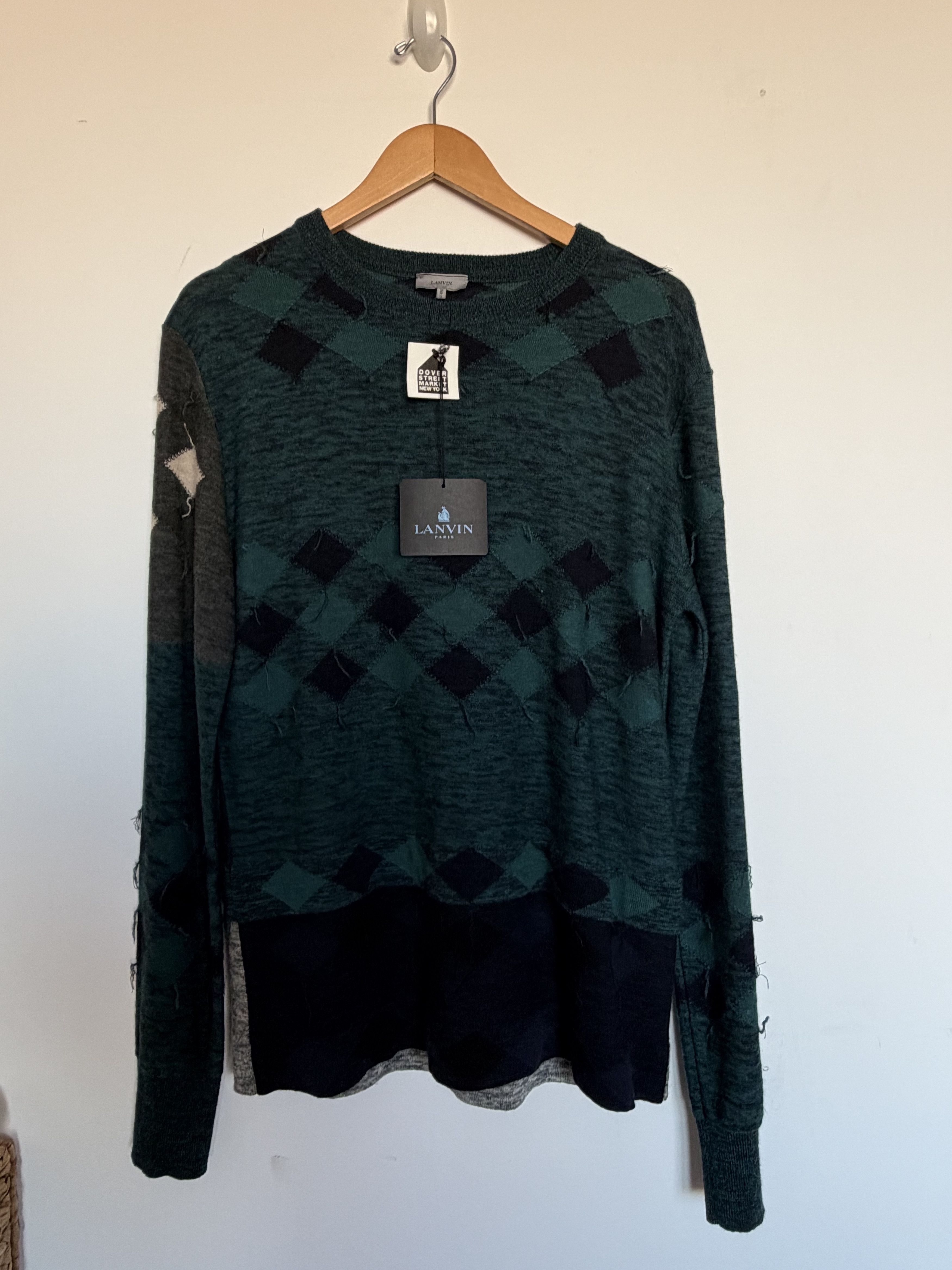 Lanvin Lanvin Distressed Argyle Patchwork Wool Sweater Green L Size US L / EU 52-54 / 3 - 7 Thumbnail