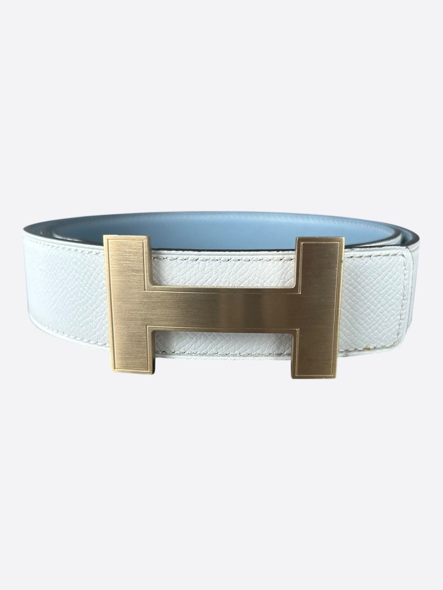 Hermes White & Light Blue Palladium Constance Reversible Belt Size 30 - 1 Thumbnail