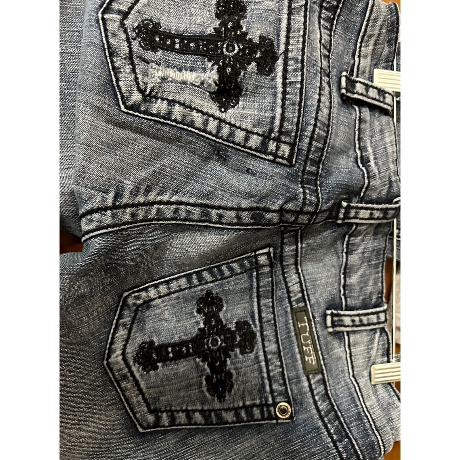Vintage VINTAGE Cowgirl Tuff Victory Block Distressed Crosses Blue Jeans Women 28x29actual Size ONE SIZE - 6 Thumbnail