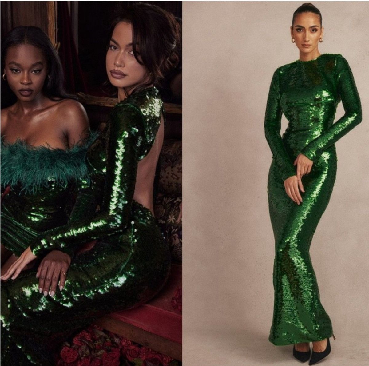 NWT House of CB Belle Green Sequin Open Back Maxi Dress Sz S