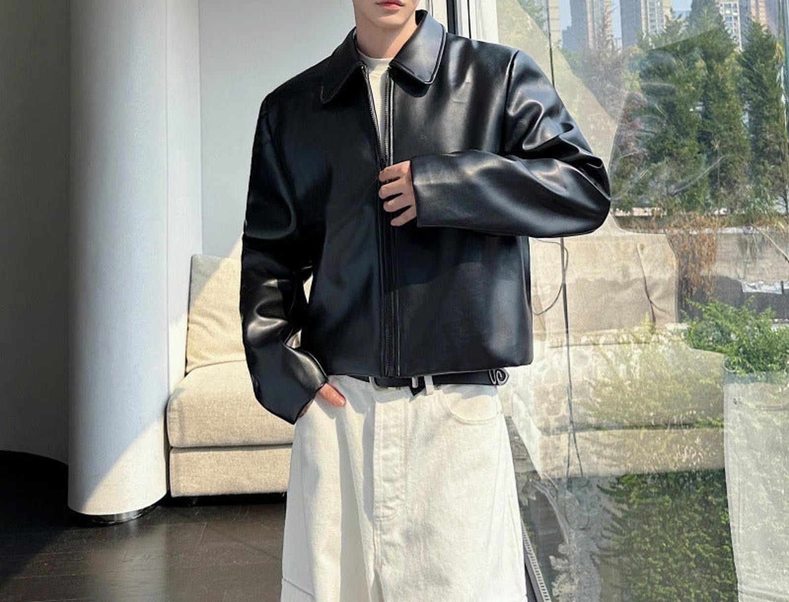 Japanese Brand Black Faux Leather Jacket, Men's Classic Zip Outerwear Size US L / EU 52-54 / 3 - 1 Thumbnail