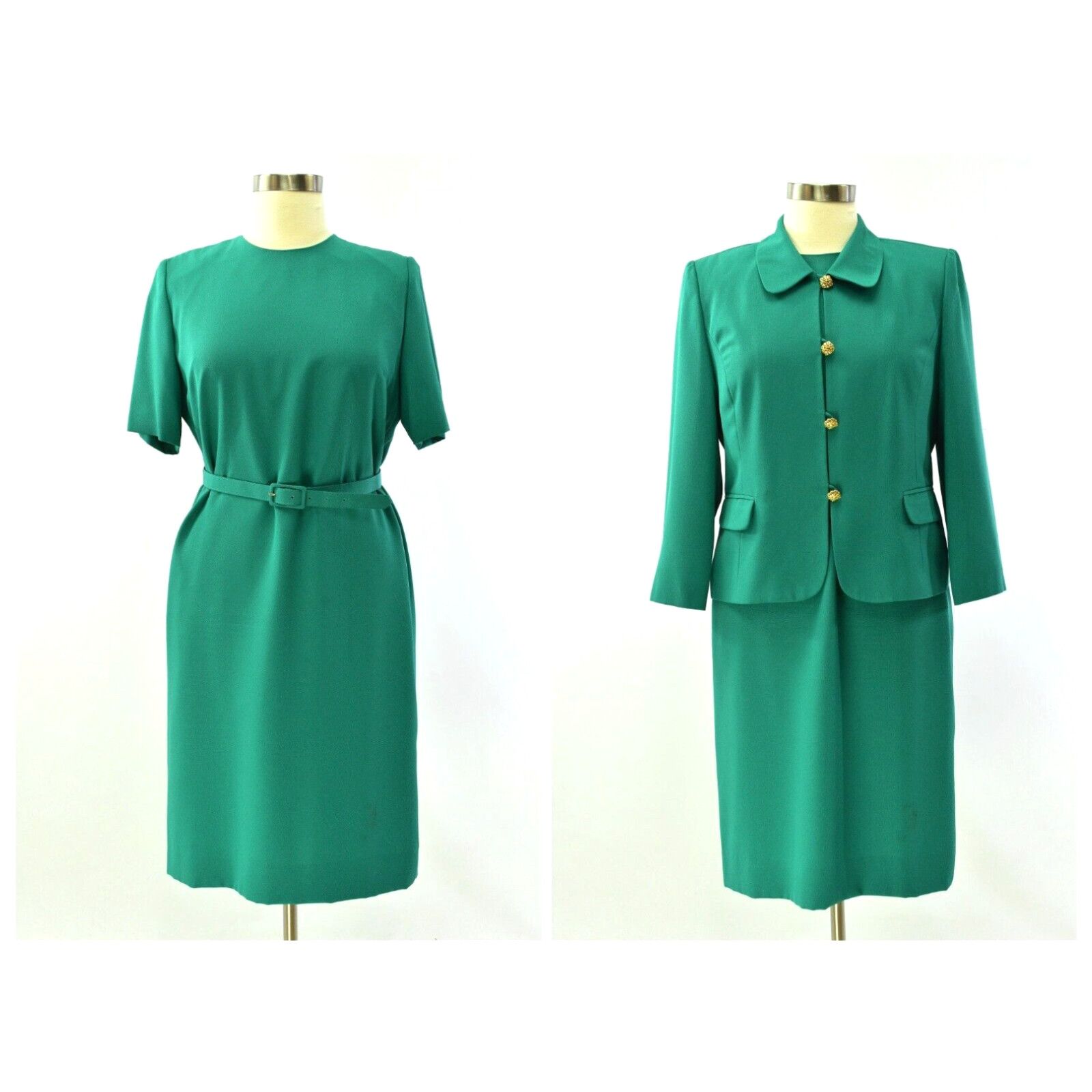 Image of 90's Vintage Green Dress Set Dress & Jacket Womens 16 Diane Roberts Work Wear in White (Size 2XL)