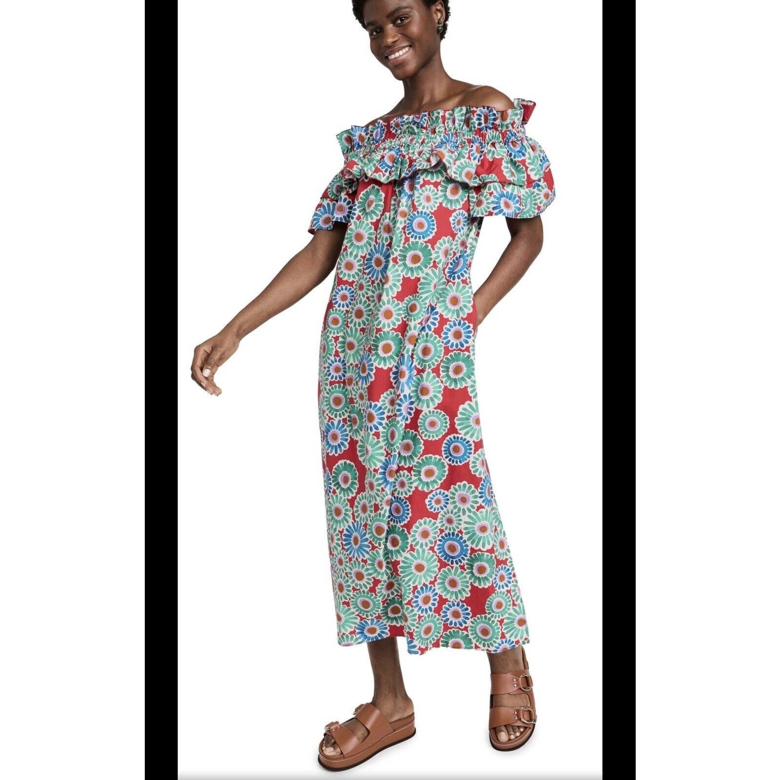 image of La Doublej La Double J Breakfast Ruffle Off The Shoulder Midi Daisy in Blue, Women's (Size Small)