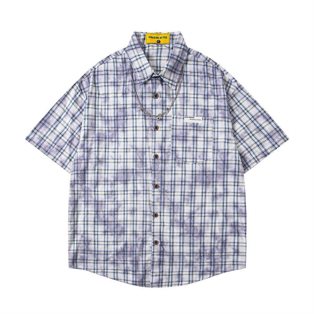 Japanese Brand × Vintage Men's high street trend metal chain tie-dye plaid shirt Size US L / EU 52-54 / 3 - 1 Thumbnail