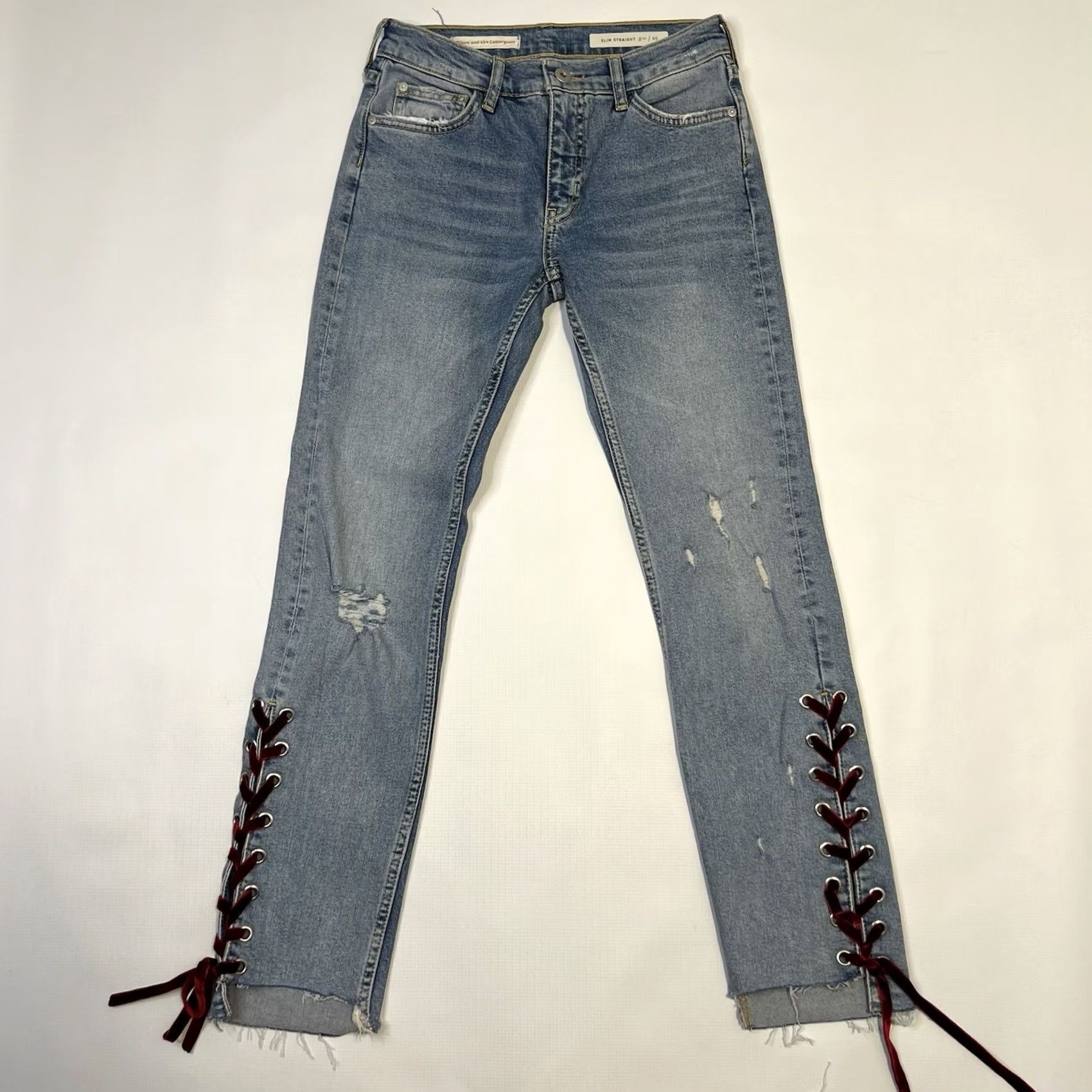 Anthropologie Anthropologie Pilcro Velvet Lace Tie Mid Rise Slim Straight Jeans Blue Size 25 Women Size 42" / US 20 - 3 Thumbnail