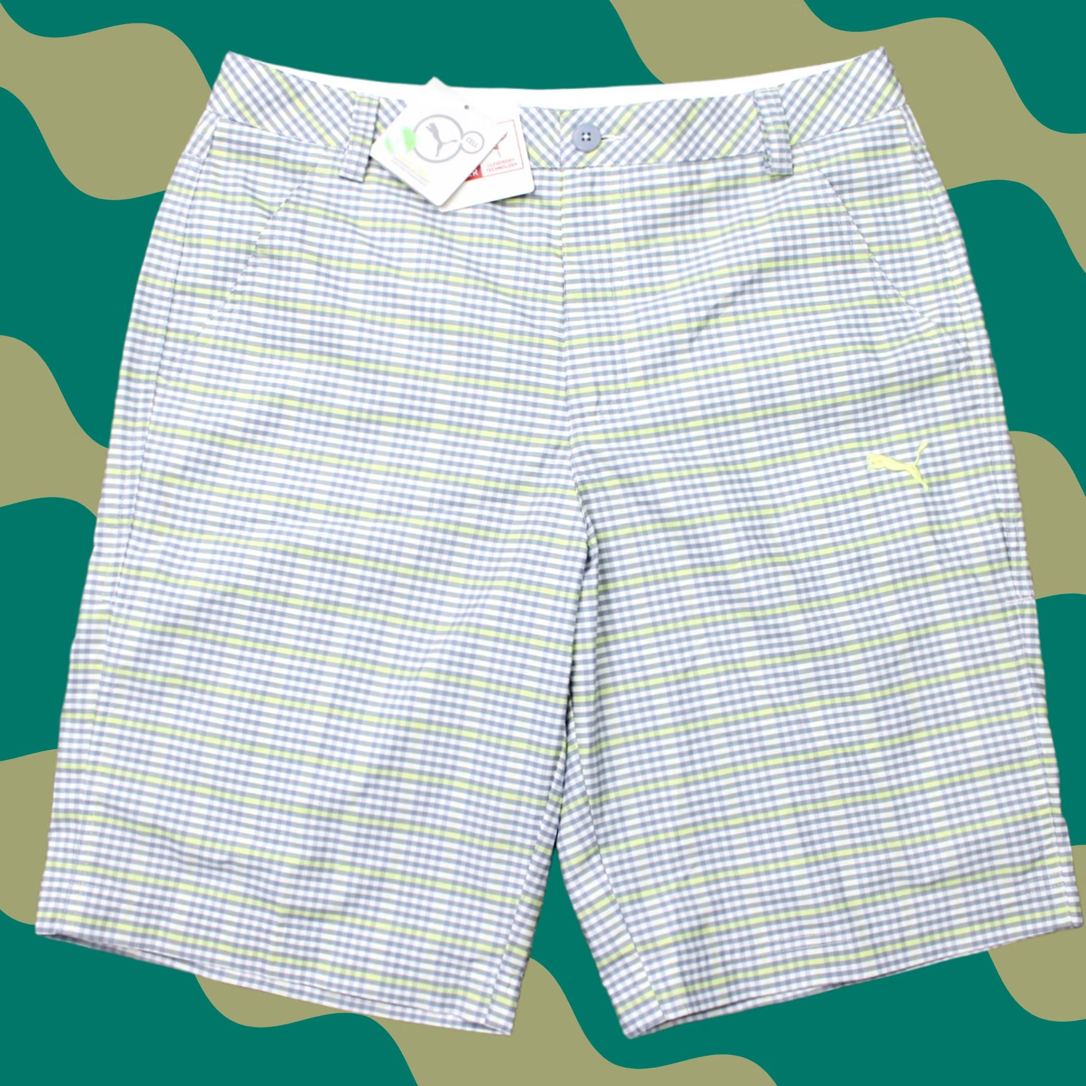 Puma Puma Shorts Mens 32 Gray Yellow Checkered Dry Cell CleverDry Pockets Knit Inseam 11in Regular Size US 32 / EU 48 - 1 Thumbnail
