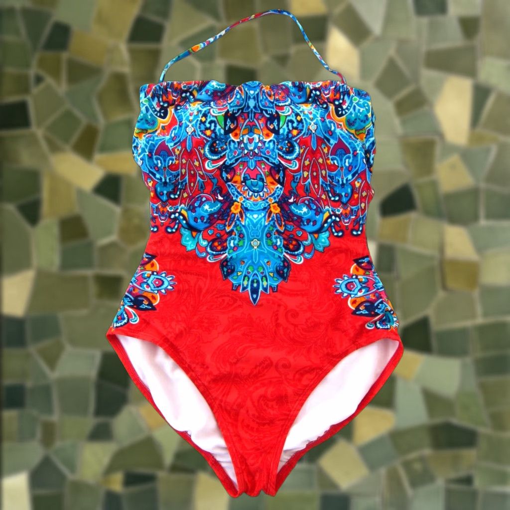 Ralph Lauren VINTAGE Ralph Lauren Green Label Red Blue Floral Paisley One Piece Halter Swimsuit 8 Size ONE SIZE - 1 Thumbnail
