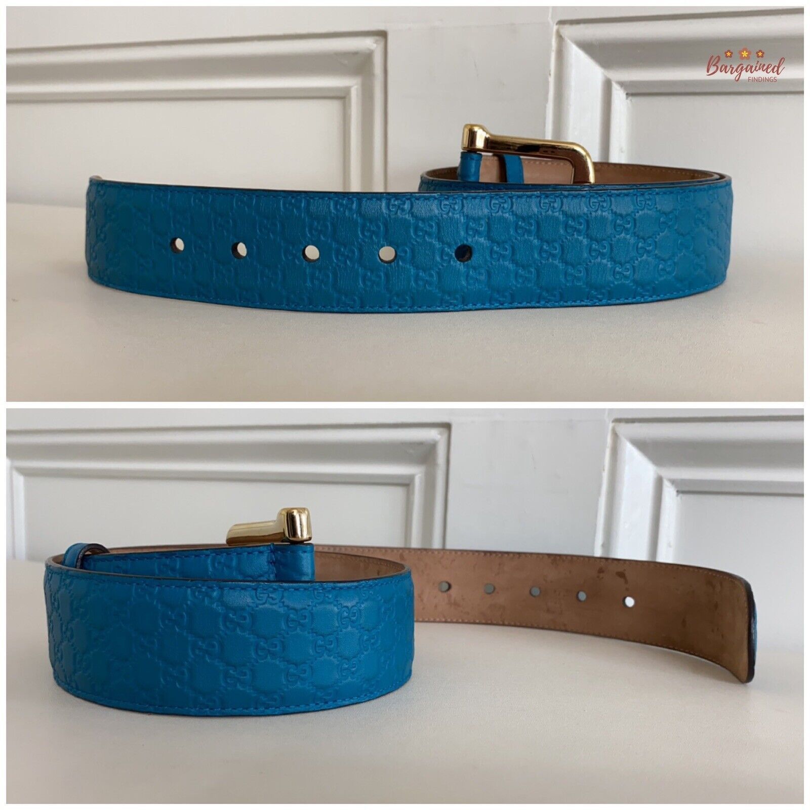 Gucci GUCCI Teal Blue Microguccissima Leather Gold Buckle Belt Size 28 - 2 Thumbnail