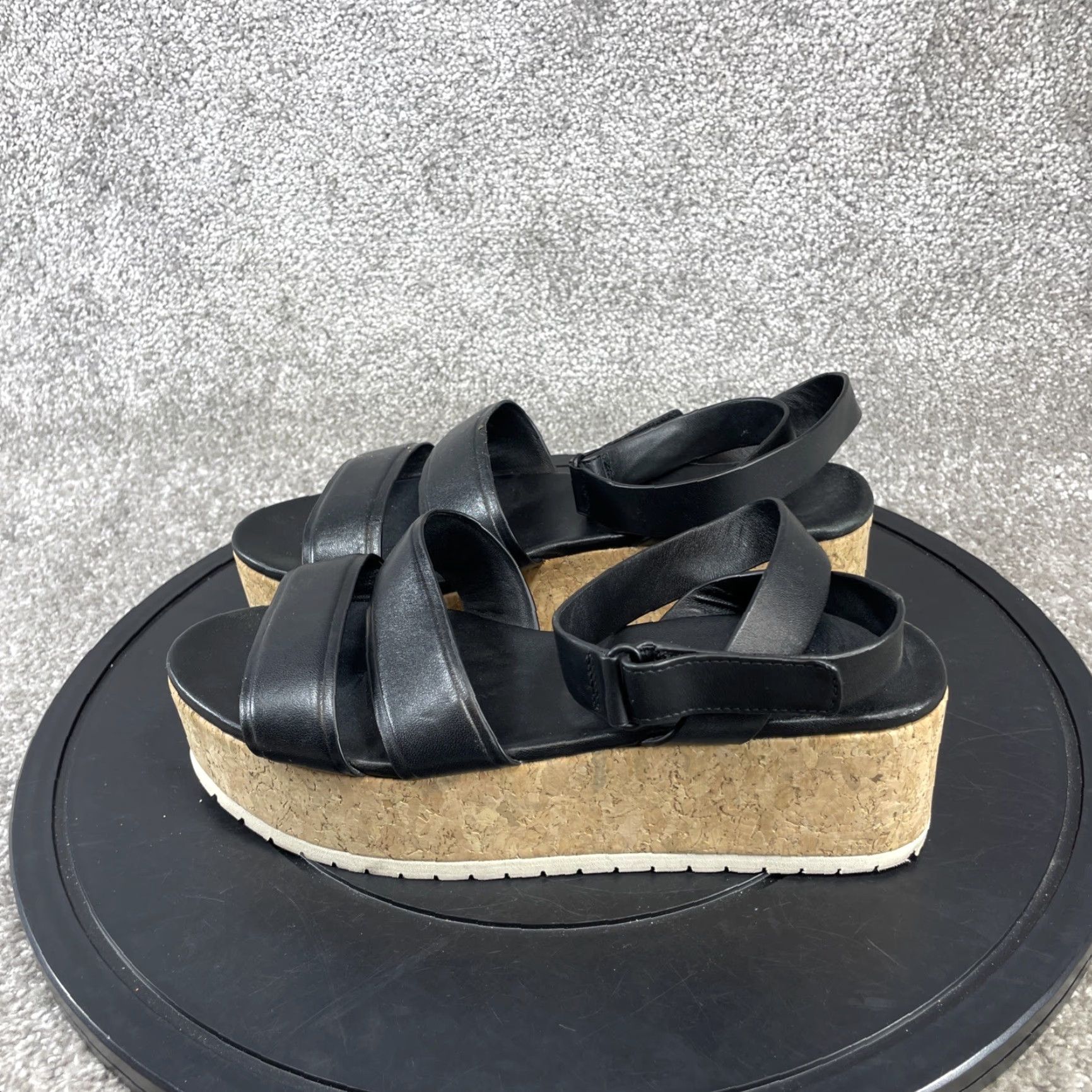 Vince Vince Jet Black Leather Wedge Sandals Women 7.5 M Cork Platform Ankle Strap Size US 8 / IT 38 - 5 Thumbnail