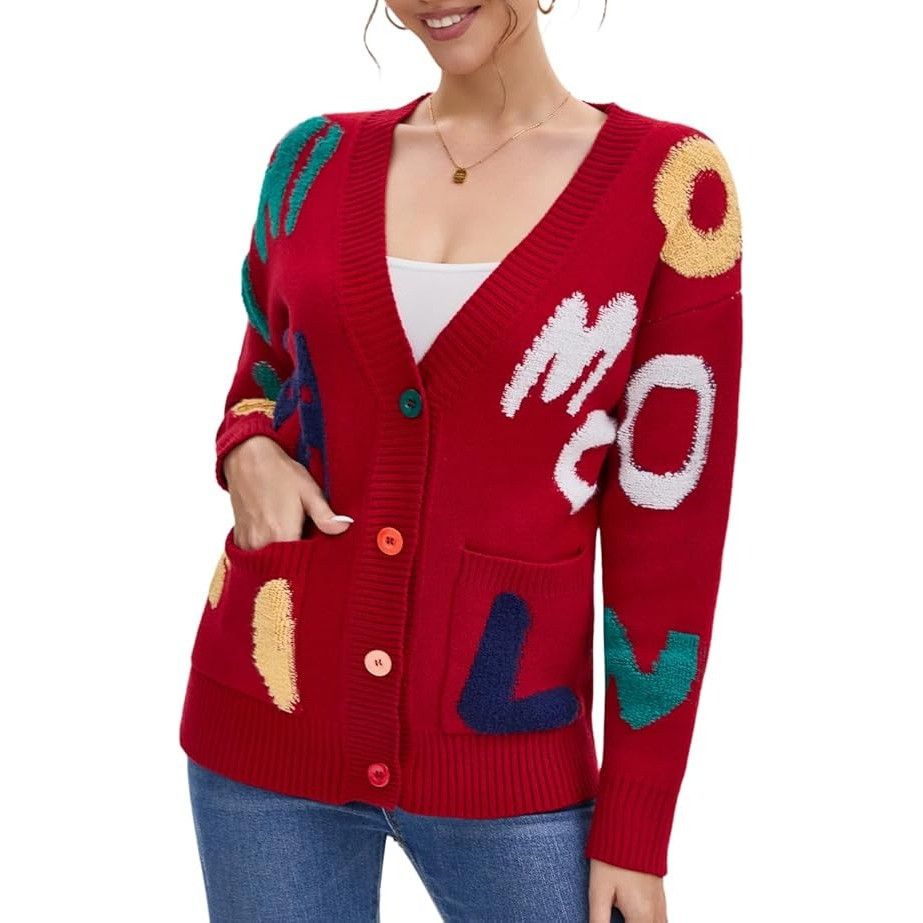 Other Women's Sheep Embroidered Sweater V-Neck Cardigan Red Size M Size M / US 6-8 / IT 42-44 - 1 Thumbnail