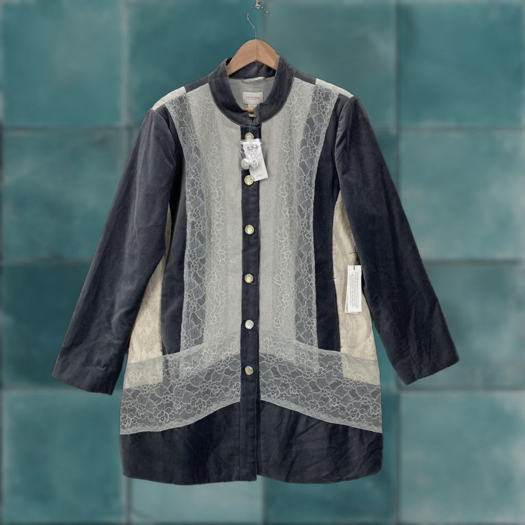 Vintage Chico's Duster Jacket Womens Gray Longline Velvet Lace Buttoned Overcoat 2 Adult L Casual Workwear Travel Size L / US 10 / IT 46 - 1 Thumbnail