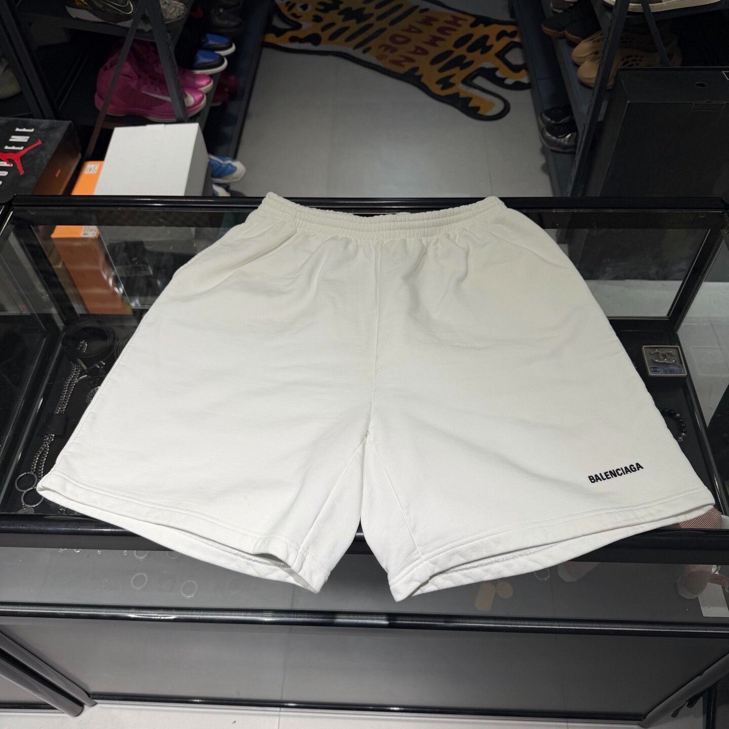 balenciaga white logo embroidered shorts