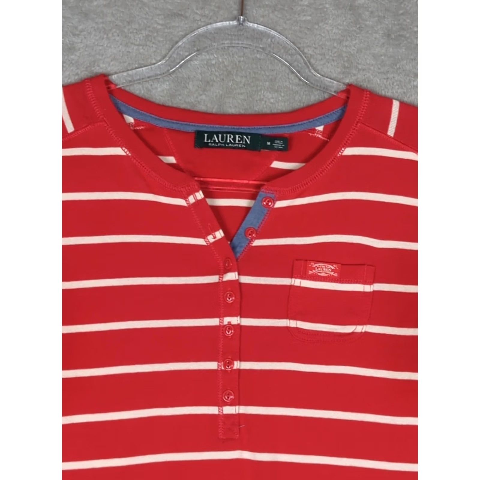 Ralph Lauren VINTAGE Lauren Ralph Lauren Top Women M Red Striped 3/4 Sleeve 100% Cotton Henley Shirt Size M / US 6-8 / IT 42-44 - 3 Thumbnail