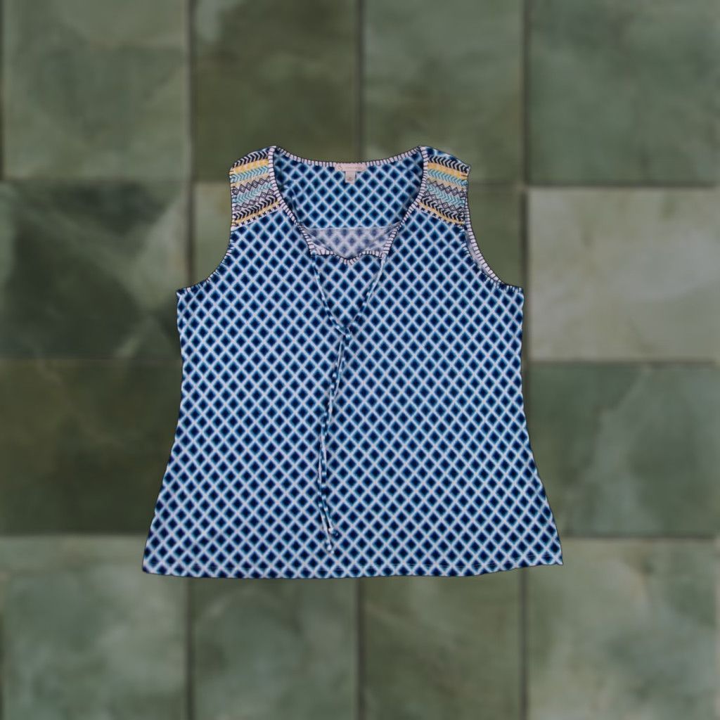 Vintage Dressbarn Blouse Tank Top Women XL Blue Argyle/Diamond Sleeveless Scoop Neck Casual Beachy All Seasons Easy Care/Tasseled Size XL / US 12-14 / IT 48-50 - 1 Thumbnail