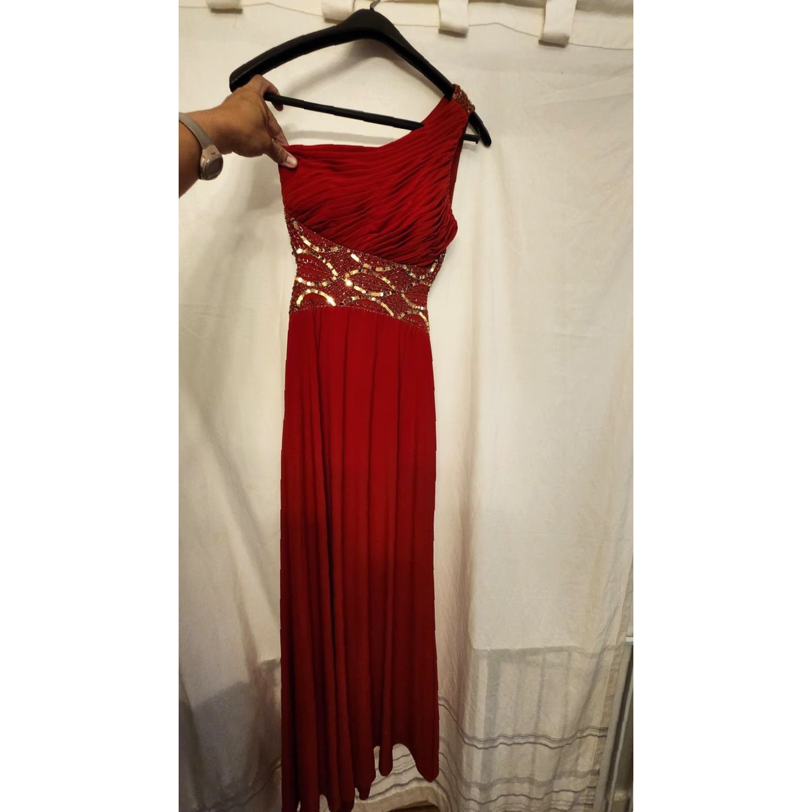 Vintage Betsy & Adam Dress Womens 2 One Shoulder Beaded Sequin Red Gown Evening Formal Maxi Long Dress Size XS / US 0-2 / IT 36-38 - 2 Thumbnail