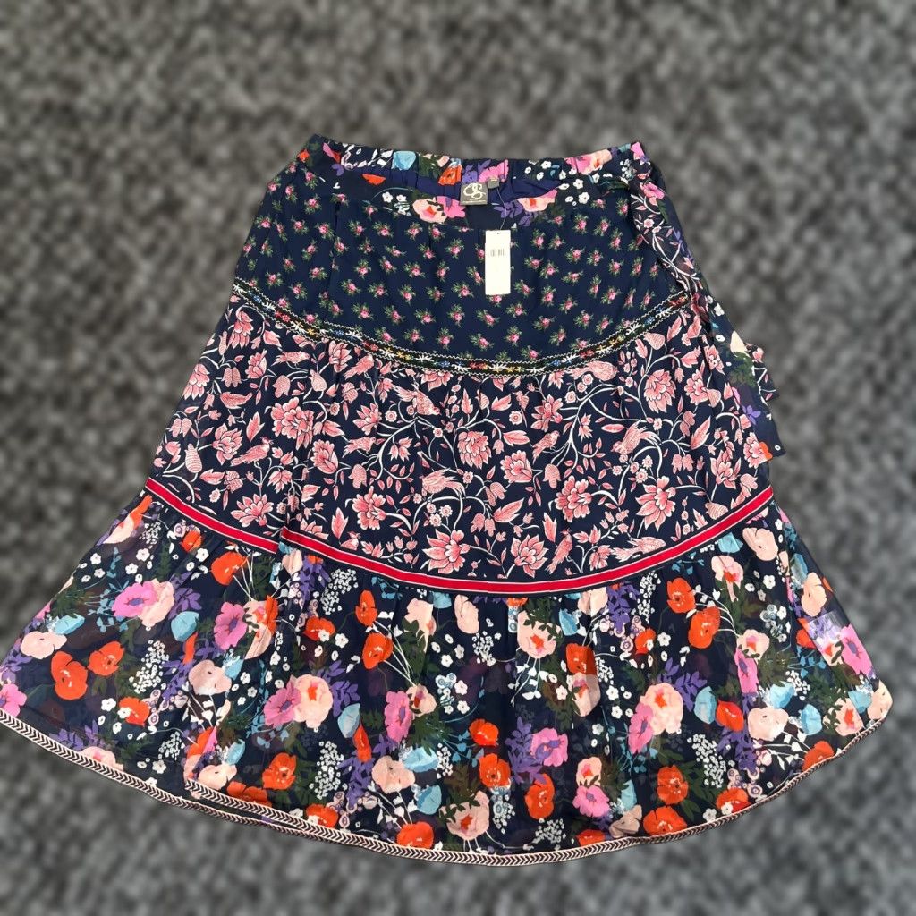 Anthropologie One September Floral Melody Skirt Size L Navy Blue Pink Tiered Anthropologie Size 36" / US 14 / IT 50 - 1 Thumbnail