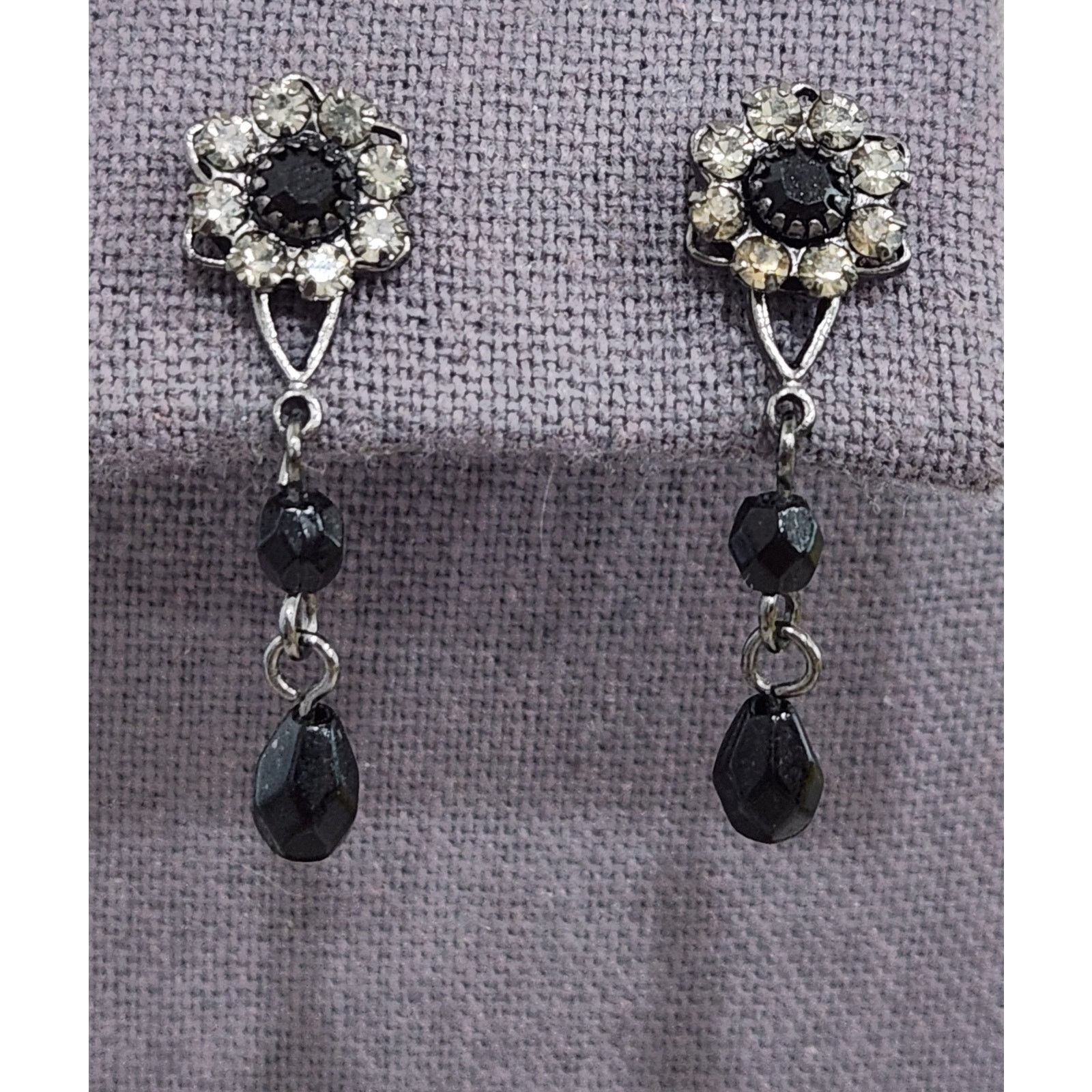 Other Black And Rhinestones Flower Shape Dangle Stud Earrings 1.5" Size ONE SIZE - 1 Thumbnail