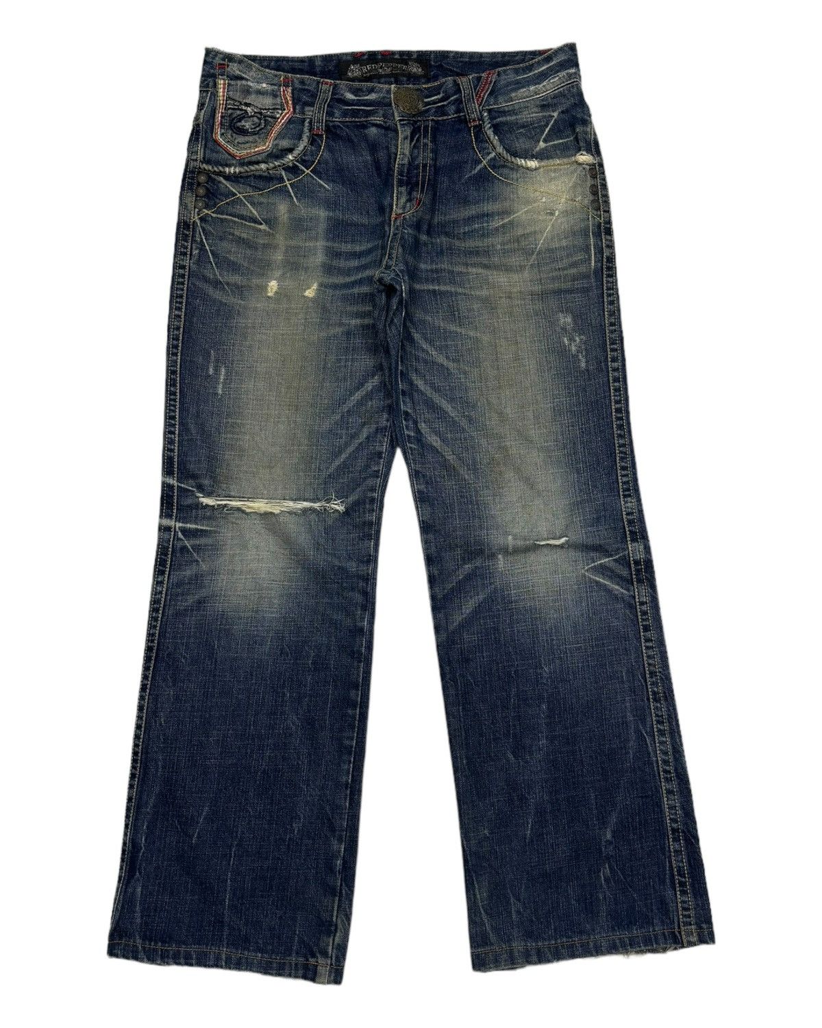 Ed Hardy × Japanese Brand RARE VINTAGE RED PEPPER BAGGY FLARE DISTRESS JEANS Size US 33 - 7 Thumbnail