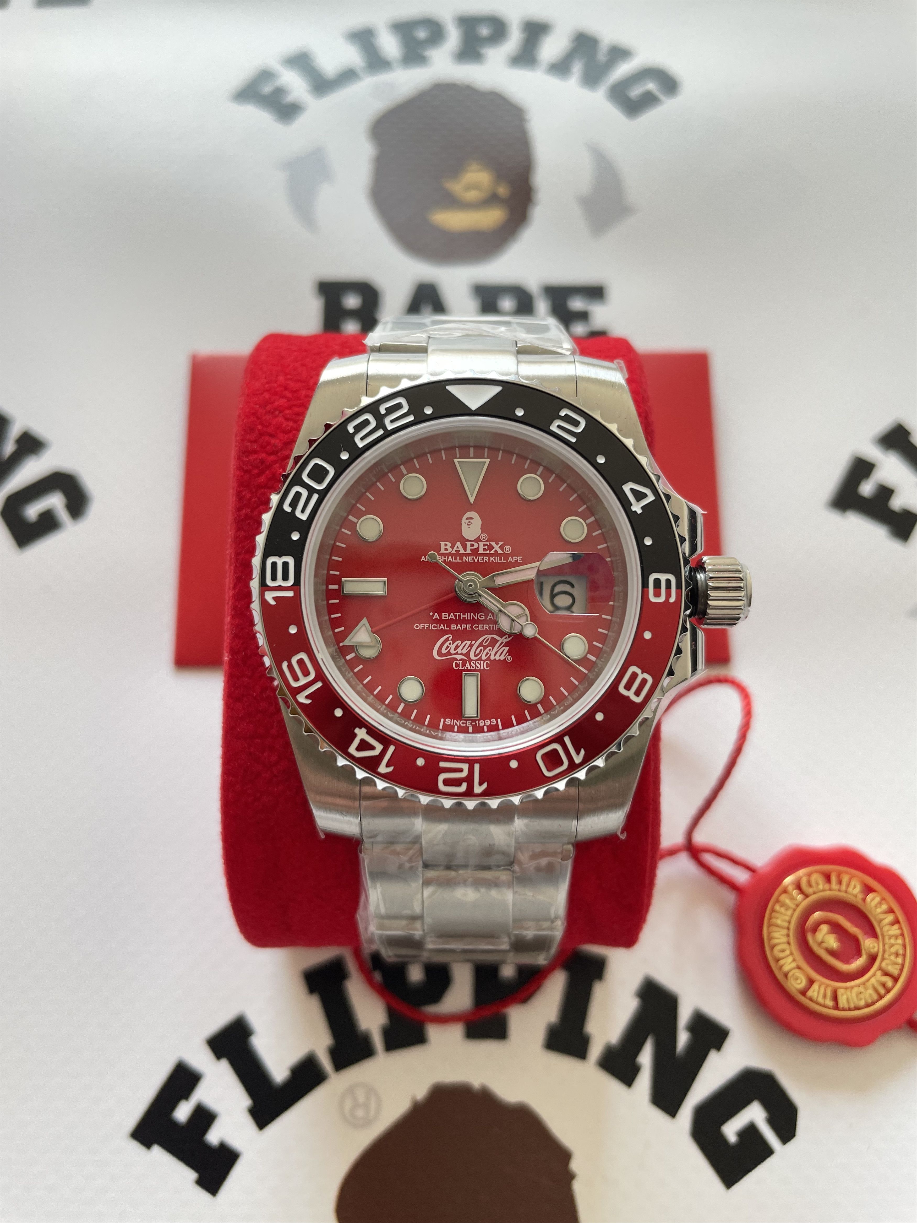 image of Bape x Coca Cola Classic Type 2 Bapex Watch in Black Red, Men's