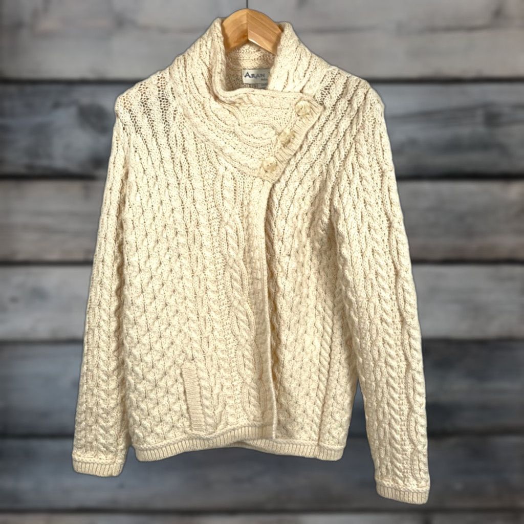 Vintage VINTAGE Aran Mor Cardigan Sweater Women's Large Ivory Natural Wool Heavyweight 90s Ireland Size L / US 10 / IT 46 - 1 Thumbnail
