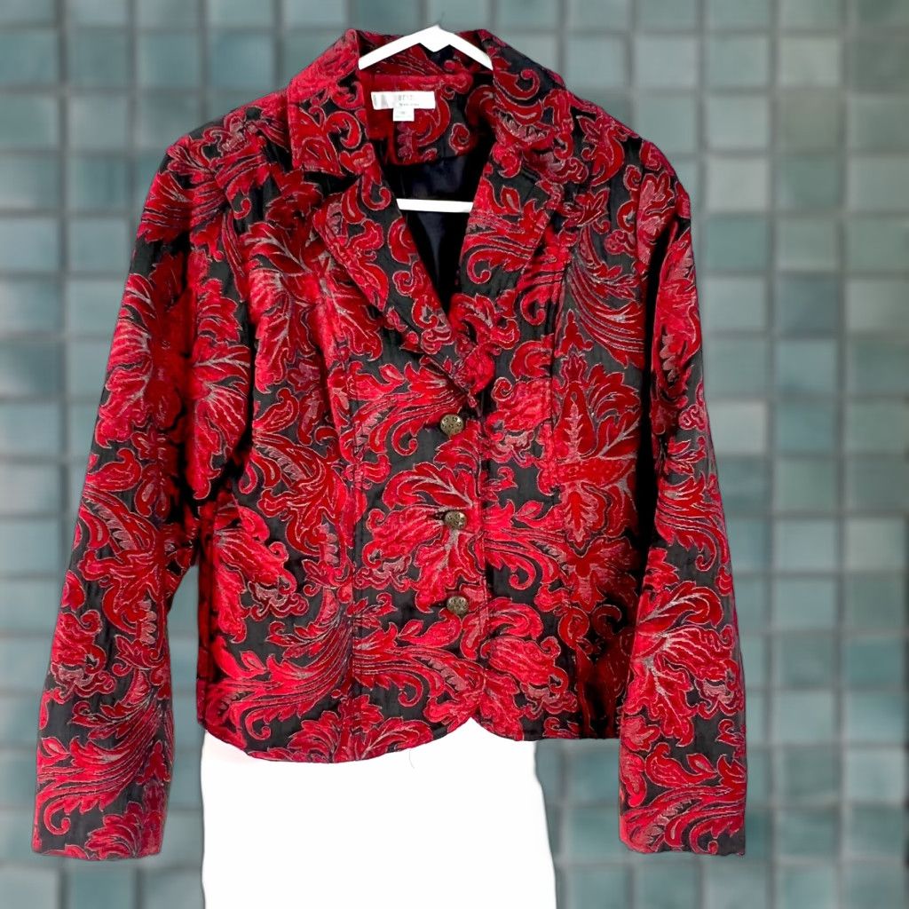 Vintage Erin London Blazer - Red Floral Notch Collar Long Sleeve Single-Breasted Jacket, Size S, Women Size S / US 4 / IT 40 - 1 Thumbnail