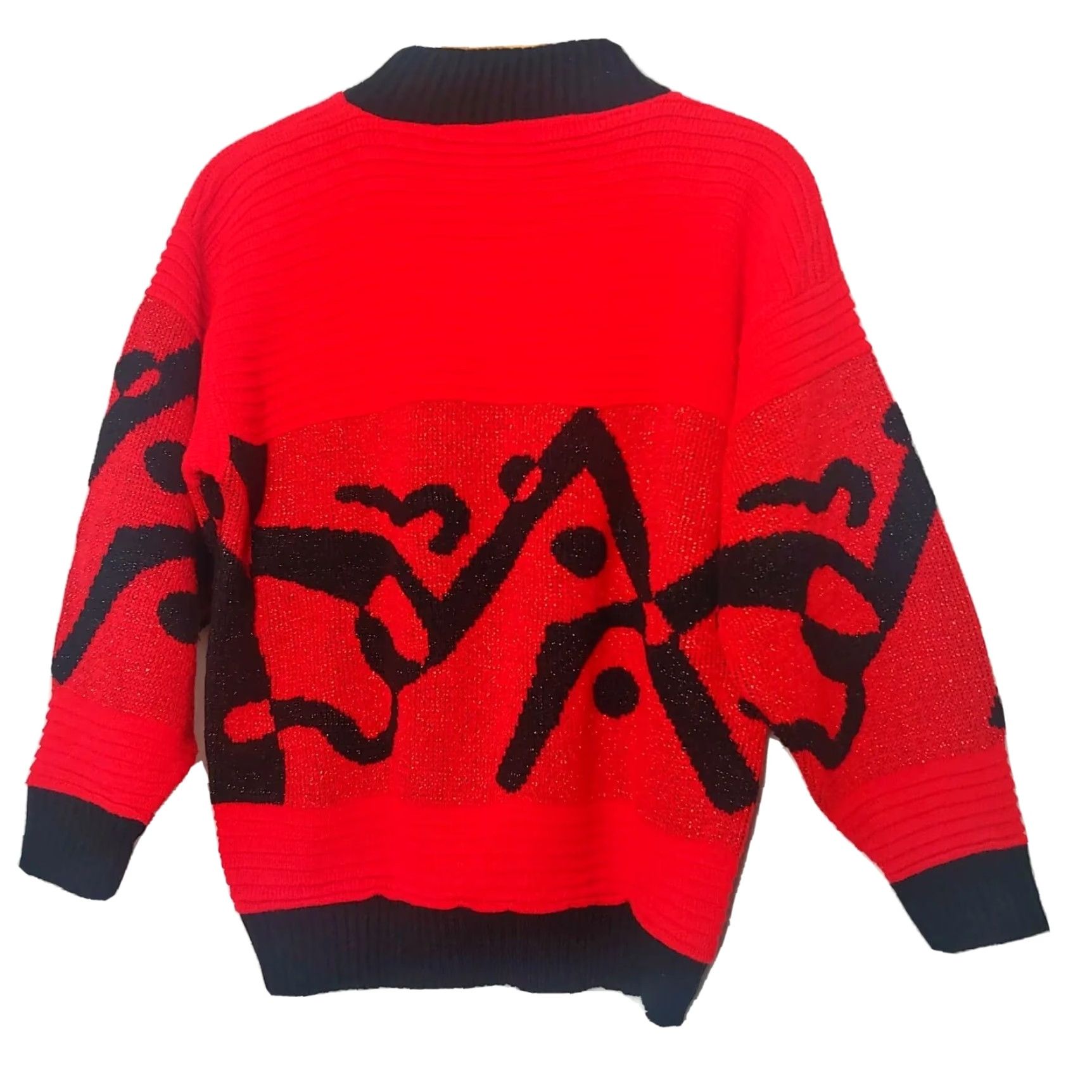 Vintage VINTAGE Arielle Sweater Red Glitter Abstract 1980s L Large Knit Pullover Mock Neck Long Sleeve Women's Size L / US 10 / IT 46 - 3 Thumbnail