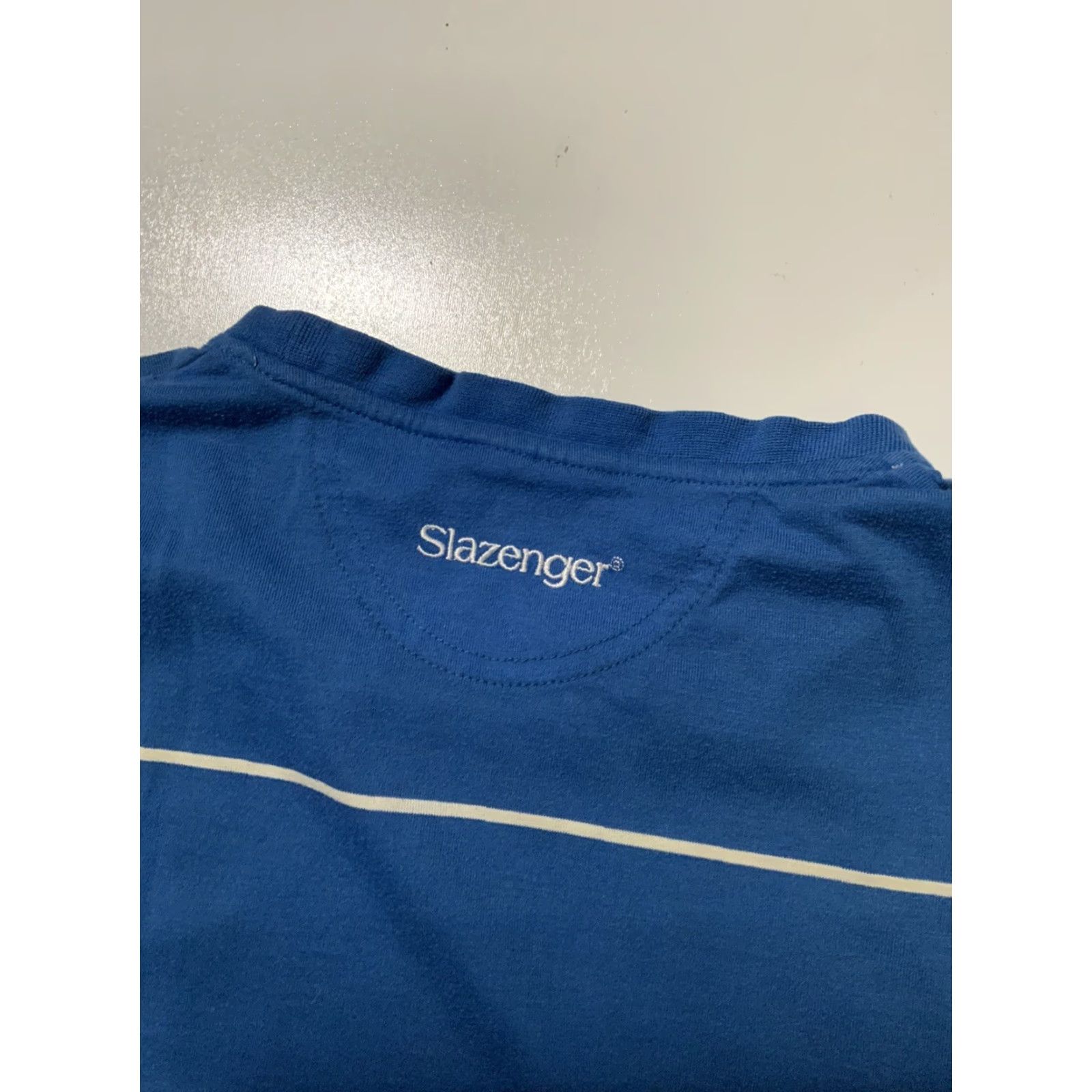 Vintage VINTAGE Slazenger Striped Blue Tennis Embroidered Logo S/S T-Shirt Sz. L Mens Blue Embroidered Logo Shirt Size US L / EU 52-54 / 3 - 6 Thumbnail
