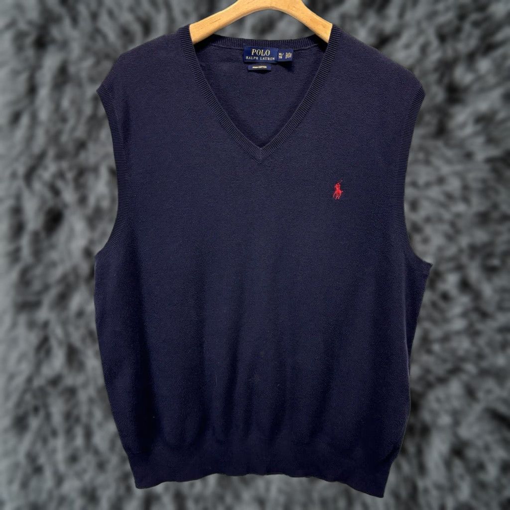 Ralph Lauren VINTAGE Polo Ralph Lauren Mens Navy V-Neck Sweater Vest X-Large Cotton Preppy Classic Size US XL / EU 56 / 4 - 1 Thumbnail