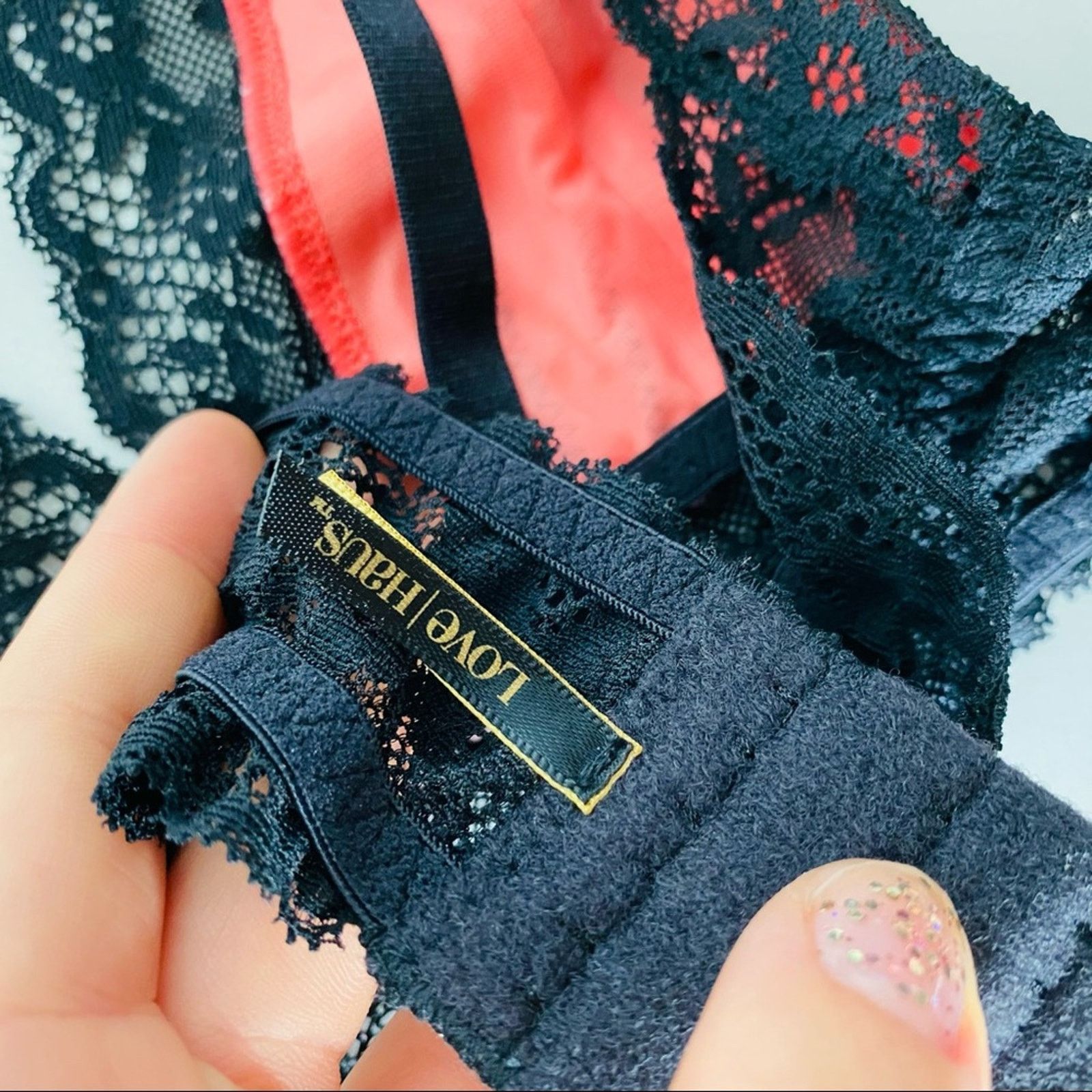 Dolls Kill NEW LOVE HAUS Black Lace Neon Pink Satin Triangle Bra Top Size ONE SIZE - 4 Thumbnail