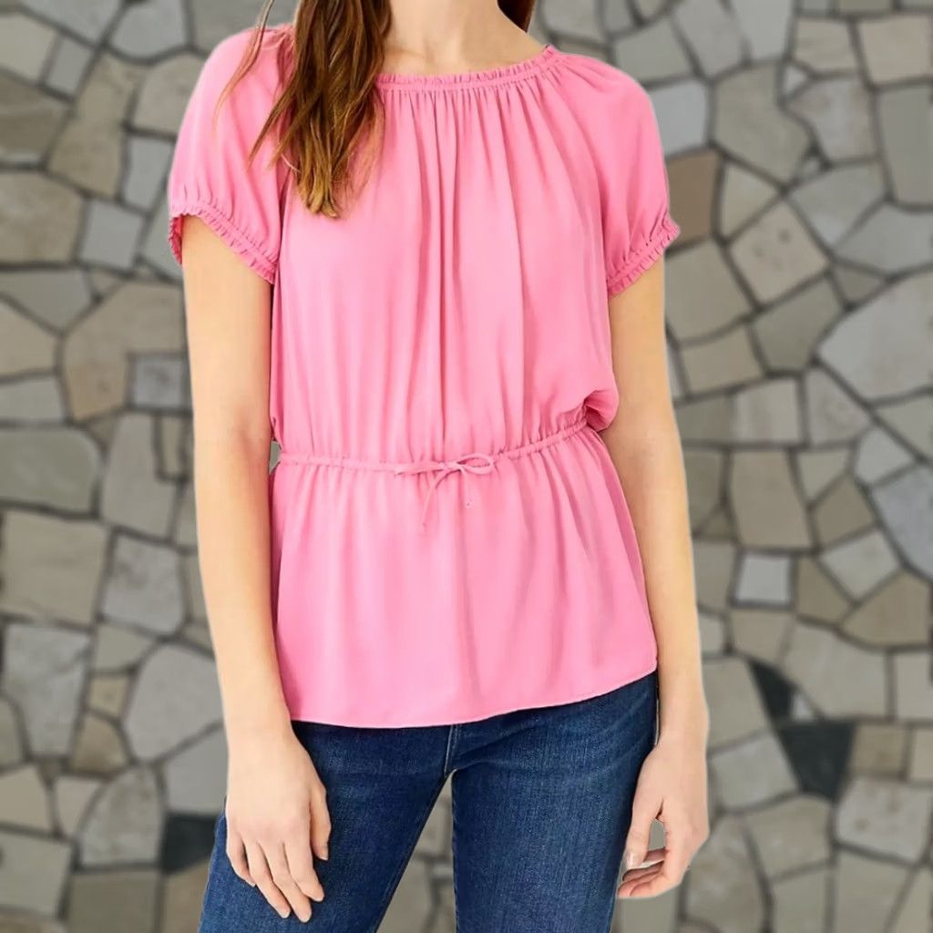 Ann Taylor Ann Taylor Petite Blouse Pink PL Mixed Media Tie Waist Top Womens Size L / US 10 / IT 46 - 1 Thumbnail
