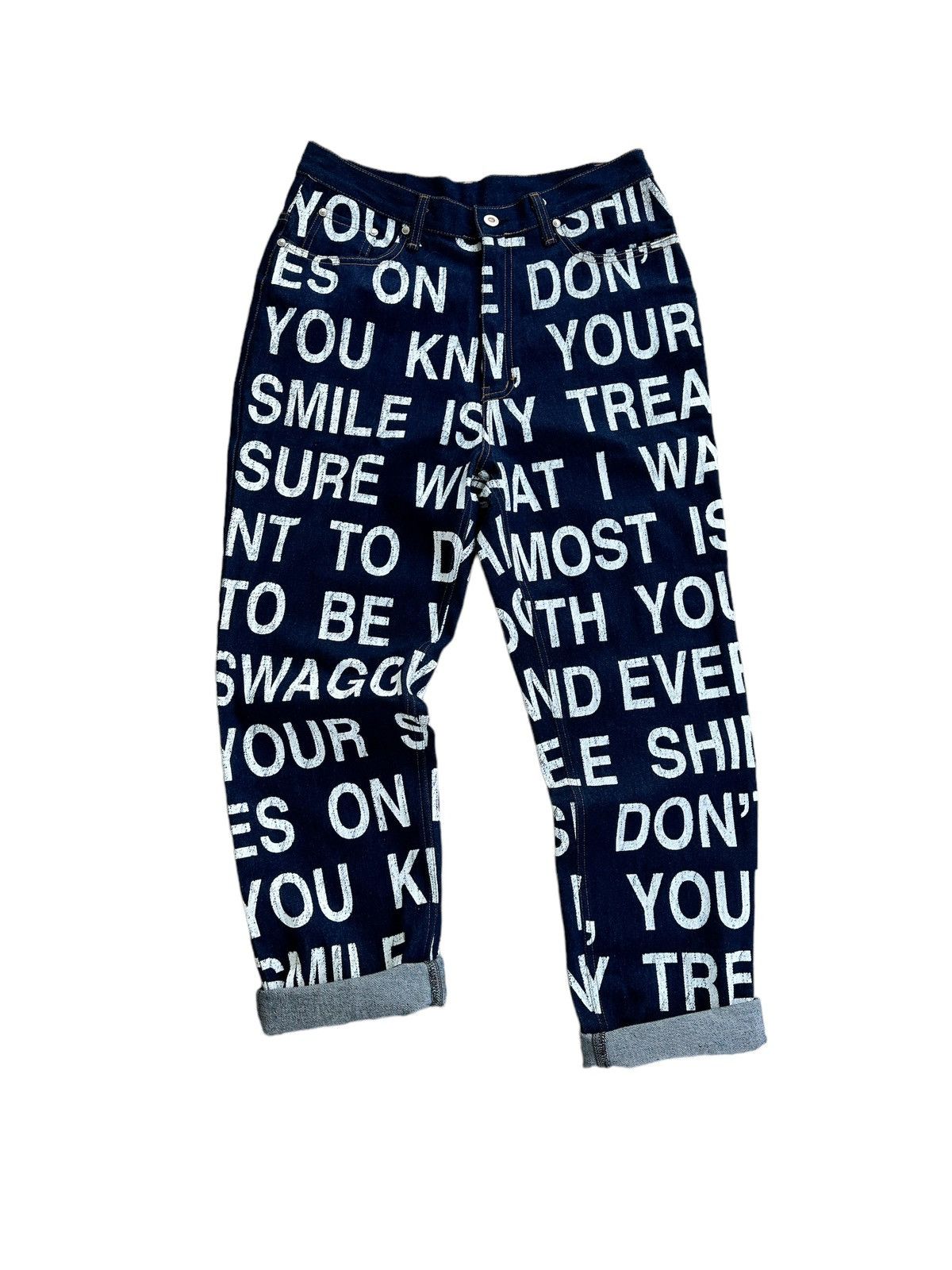 image of Beauty Beast x Swagger Vintage 00’S Swagger Japan All Over Printed Poem Jeans in Dark Indigo (Size 