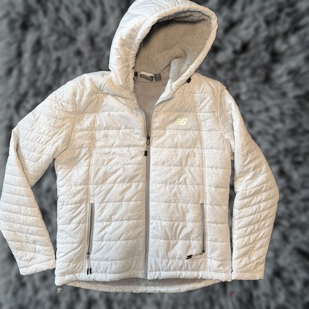 New Balance New Balance Puffer Tech Hooded Sherpa Lined Jacket Womens Large White Gray New Size L / US 10 / IT 46 - 1 Thumbnail