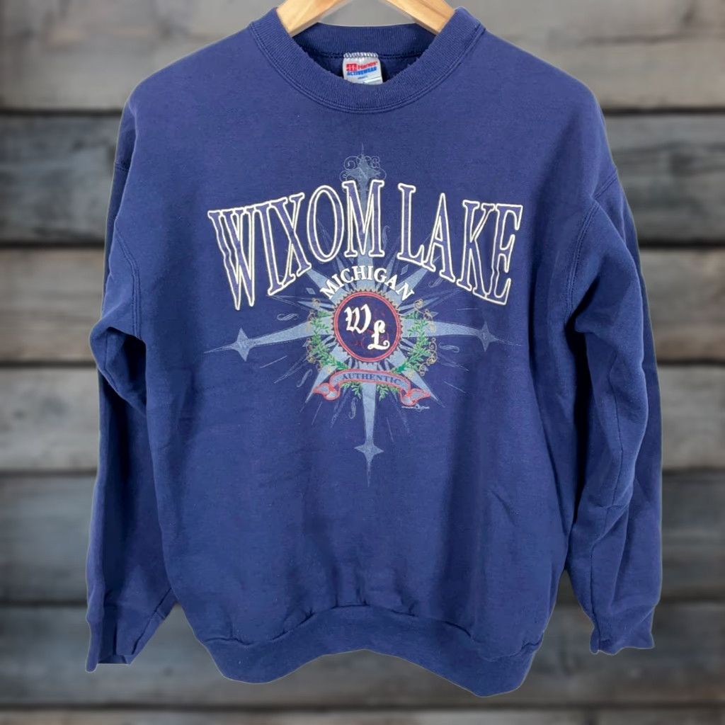 Hanes VINTAGE Hanes Sweatshirt Crewneck 90s Nautical Dark Blue Men Large Woolly Cotton Fleece Graphic Print Logo City Wixom Lake Michigan Size US L / EU 52-54 / 3 - 1 Thumbnail