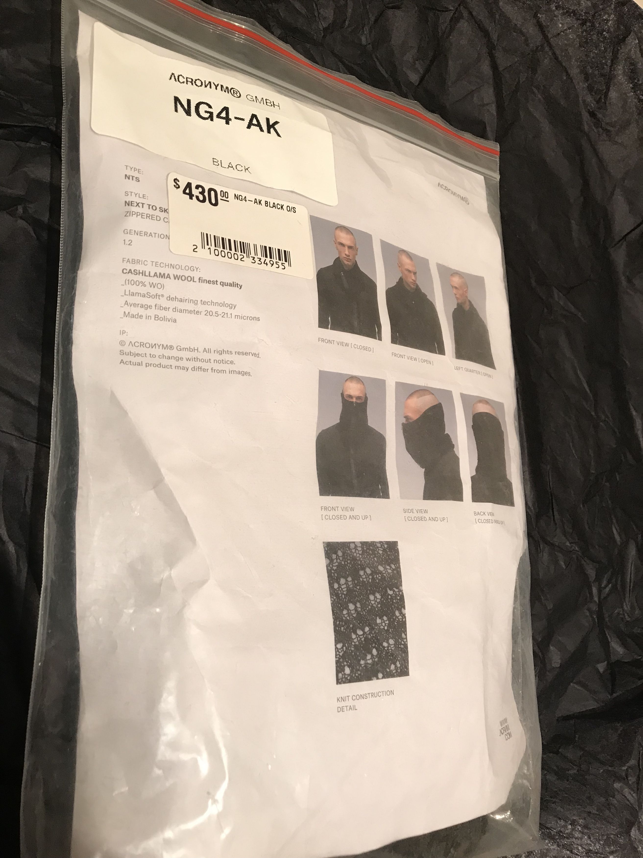 image of Acronym Ng4-Ak Cashllama Wool Zipper Gaiter in Black, Men's