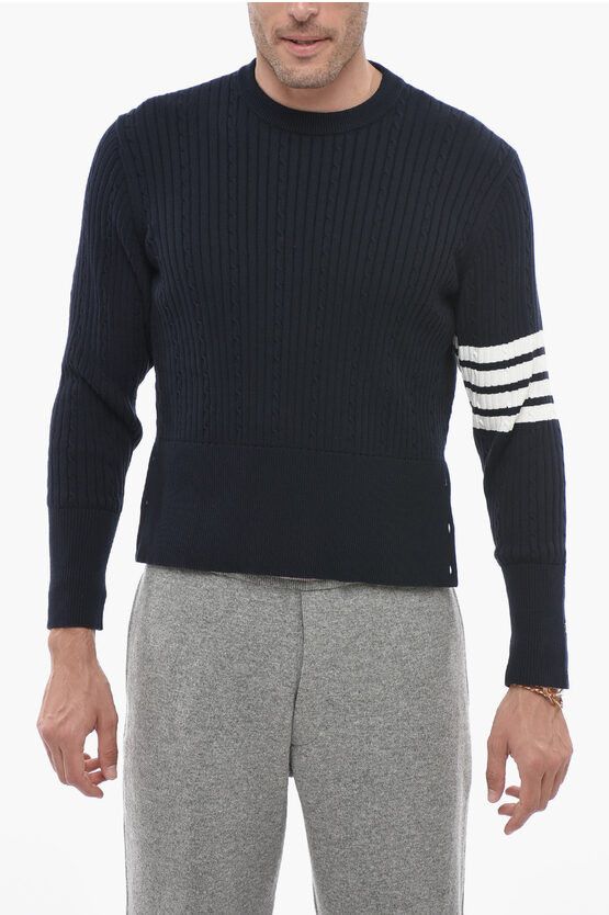 image of Thom Browne Crew Neck Baby Cable Aran Cotton Sweater in Blue, Men's (Size Large)