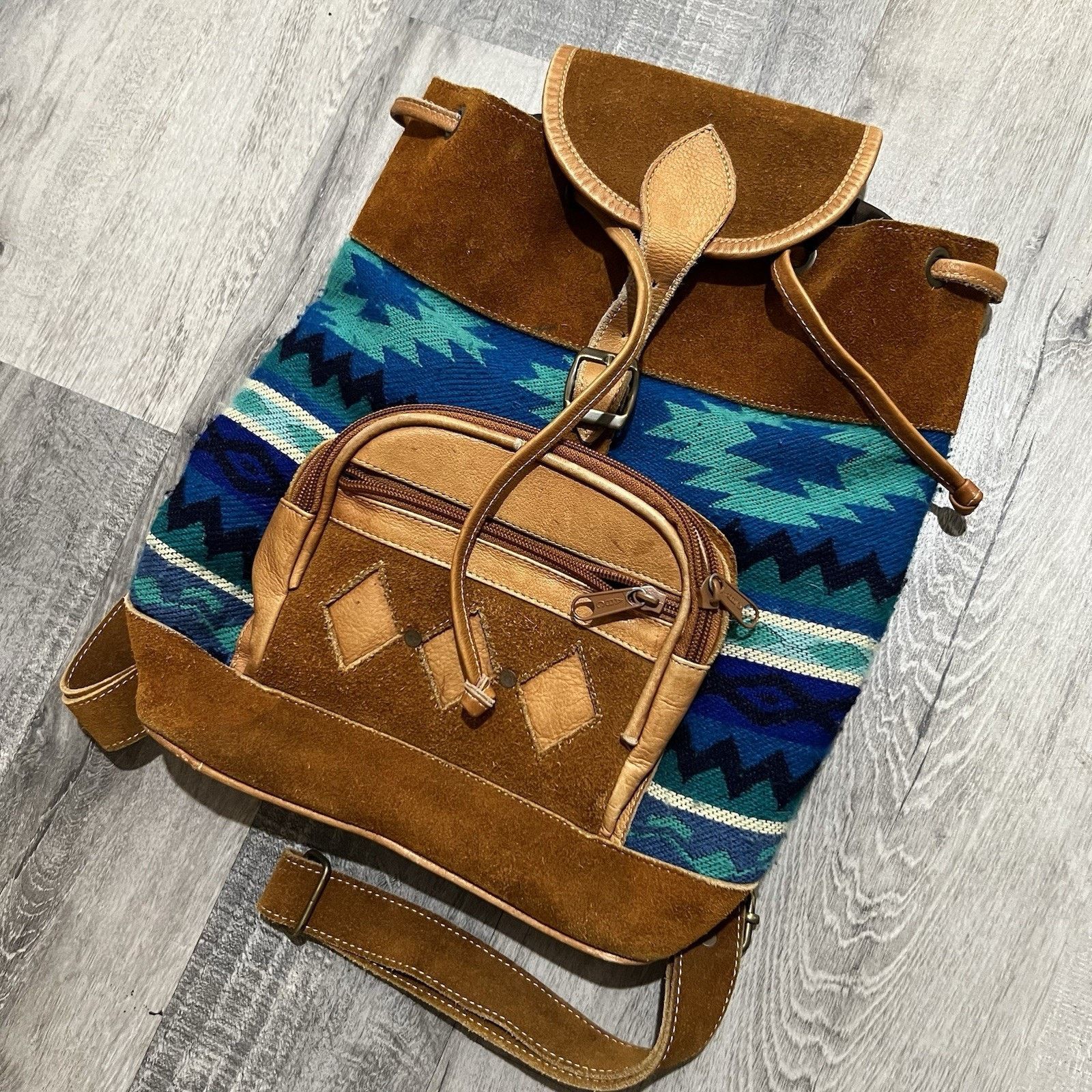 Other Southwestern Aztec Suede Backpack Teal/Brown Boho Hippie Size ONE SIZE - 3 Thumbnail