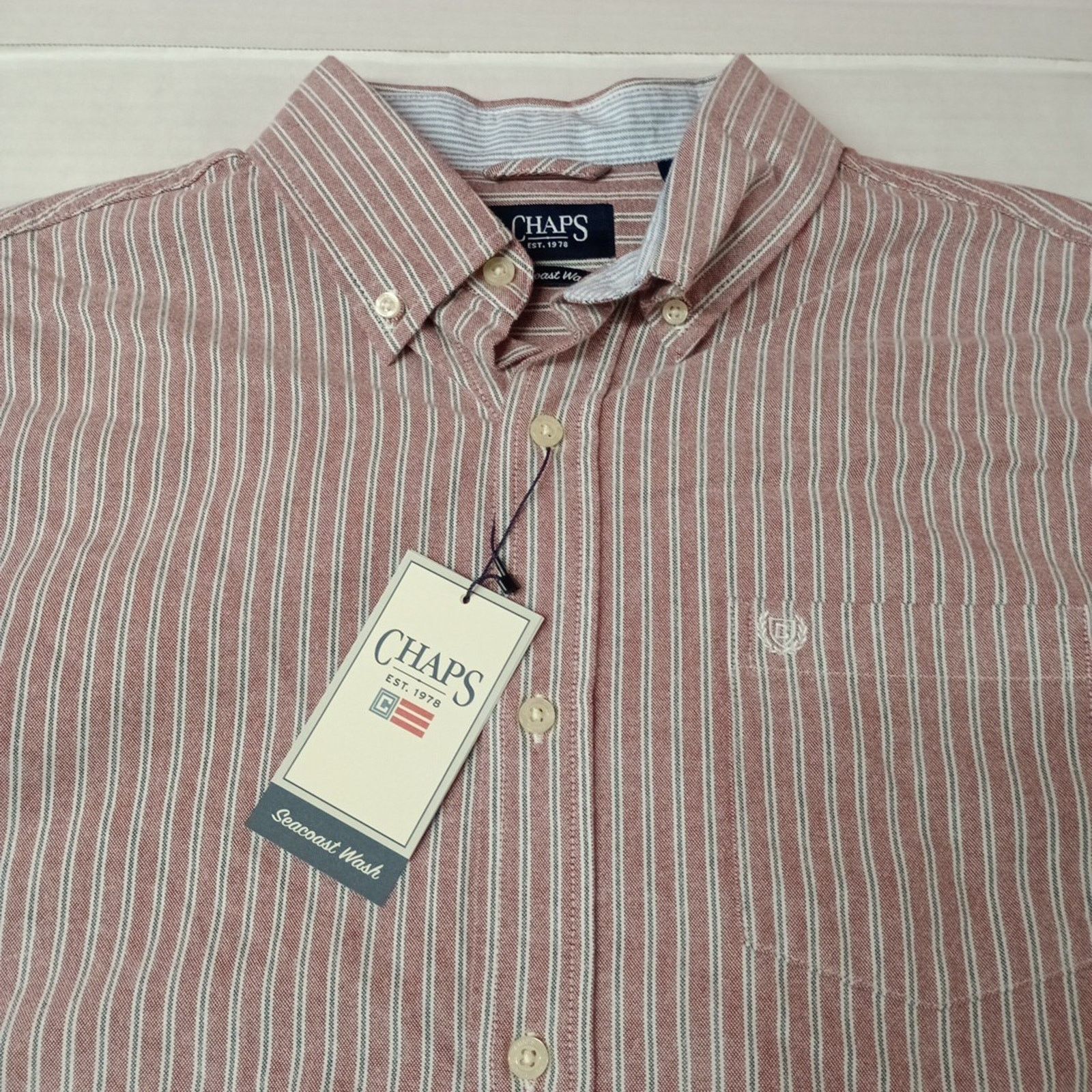 Chaps Chaps Seacoast Oxford Woven Shirt Mens L Pomegranate Striped Size US L / EU 52-54 / 3 - 3 Thumbnail