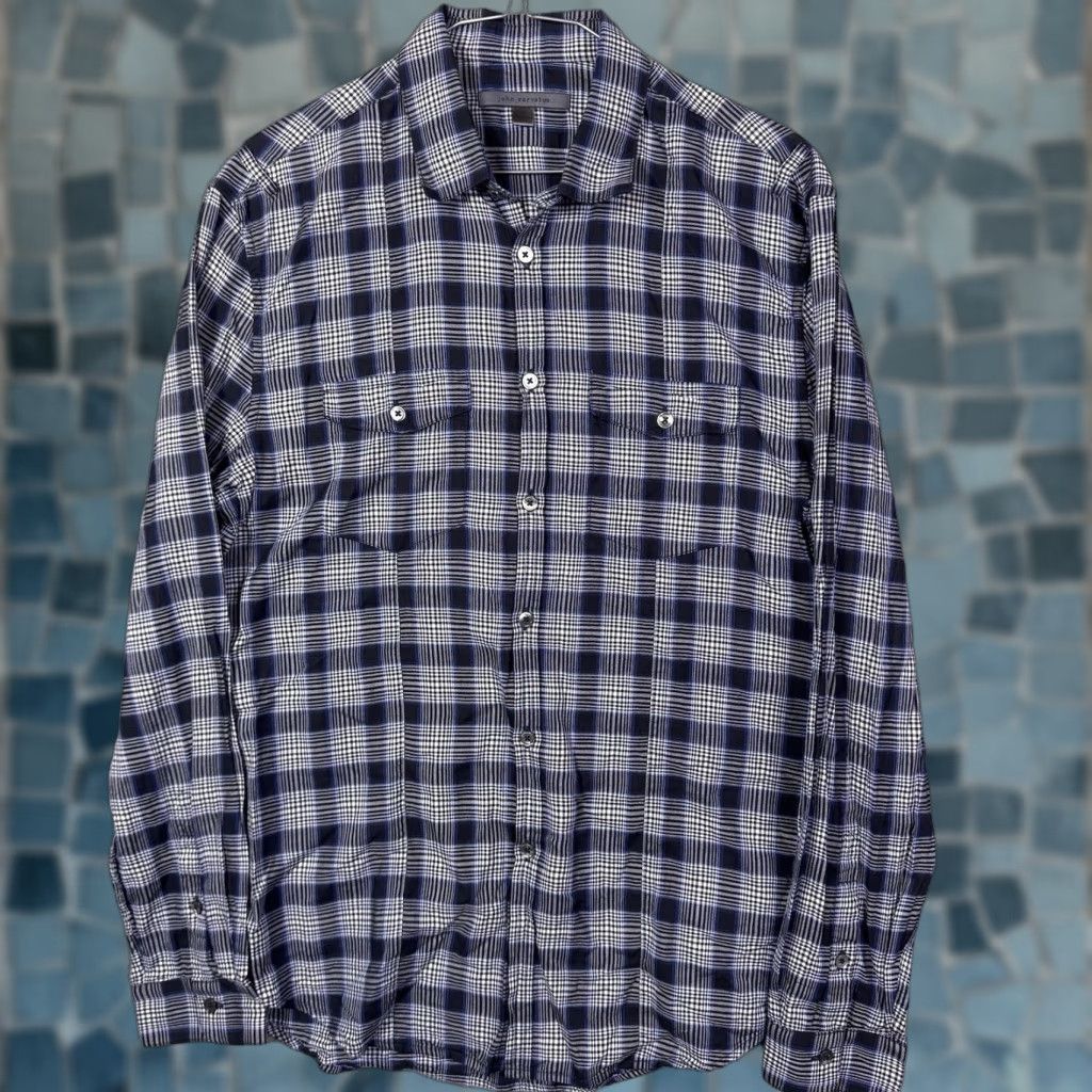 John Varvatos John Varvatos Shirt Mens S Lyocell Soft Plaid Windowpane Button Up Long Sleeve Blue Cotton Wool Blend Size US S / EU 44-46 / 1 - 1 Thumbnail