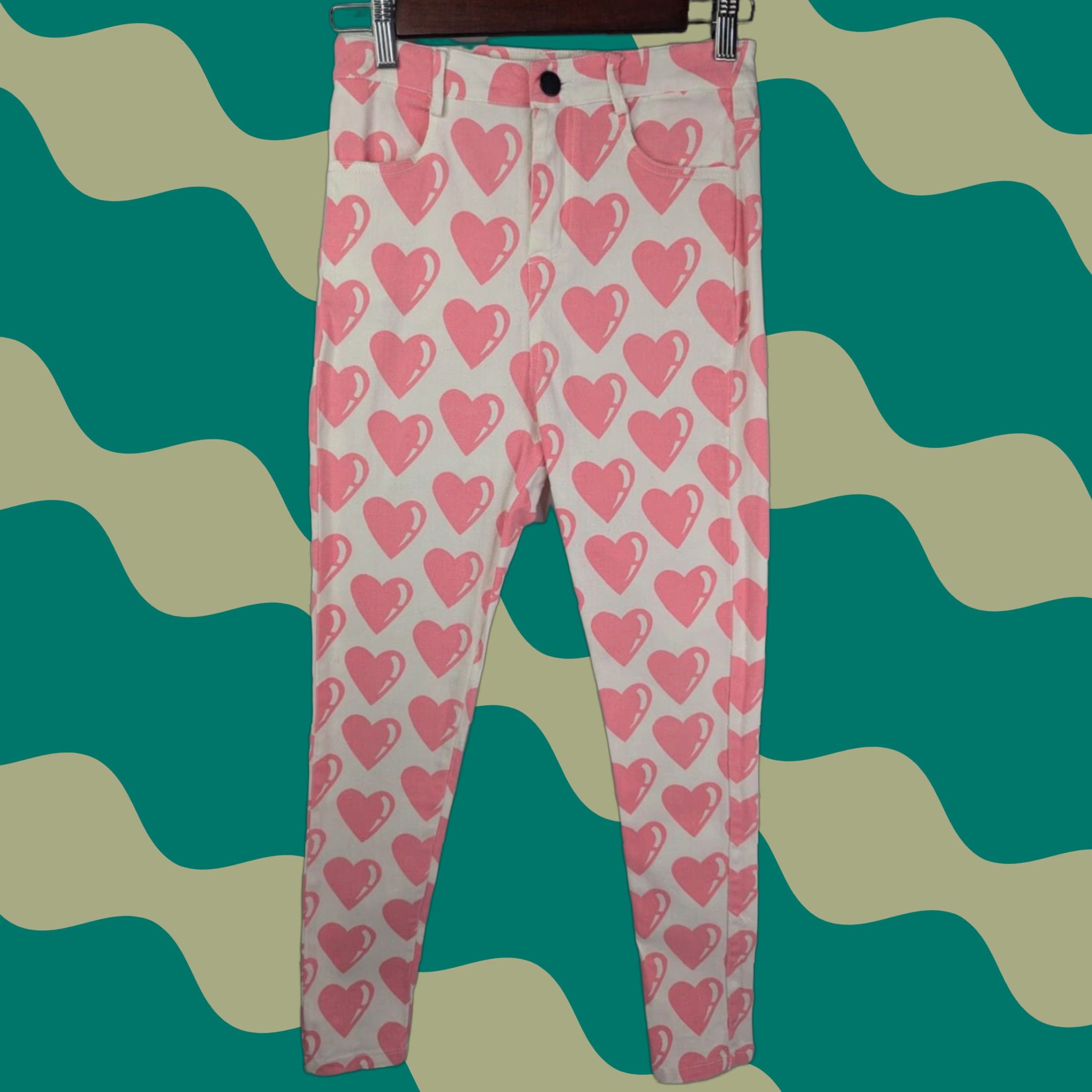 Lazy Oaf Lazy Oaf All My Heart Cropped Pants Women's Size Small White & Pink Hearts Size 28" / US 6 / IT 42 - 1 Thumbnail