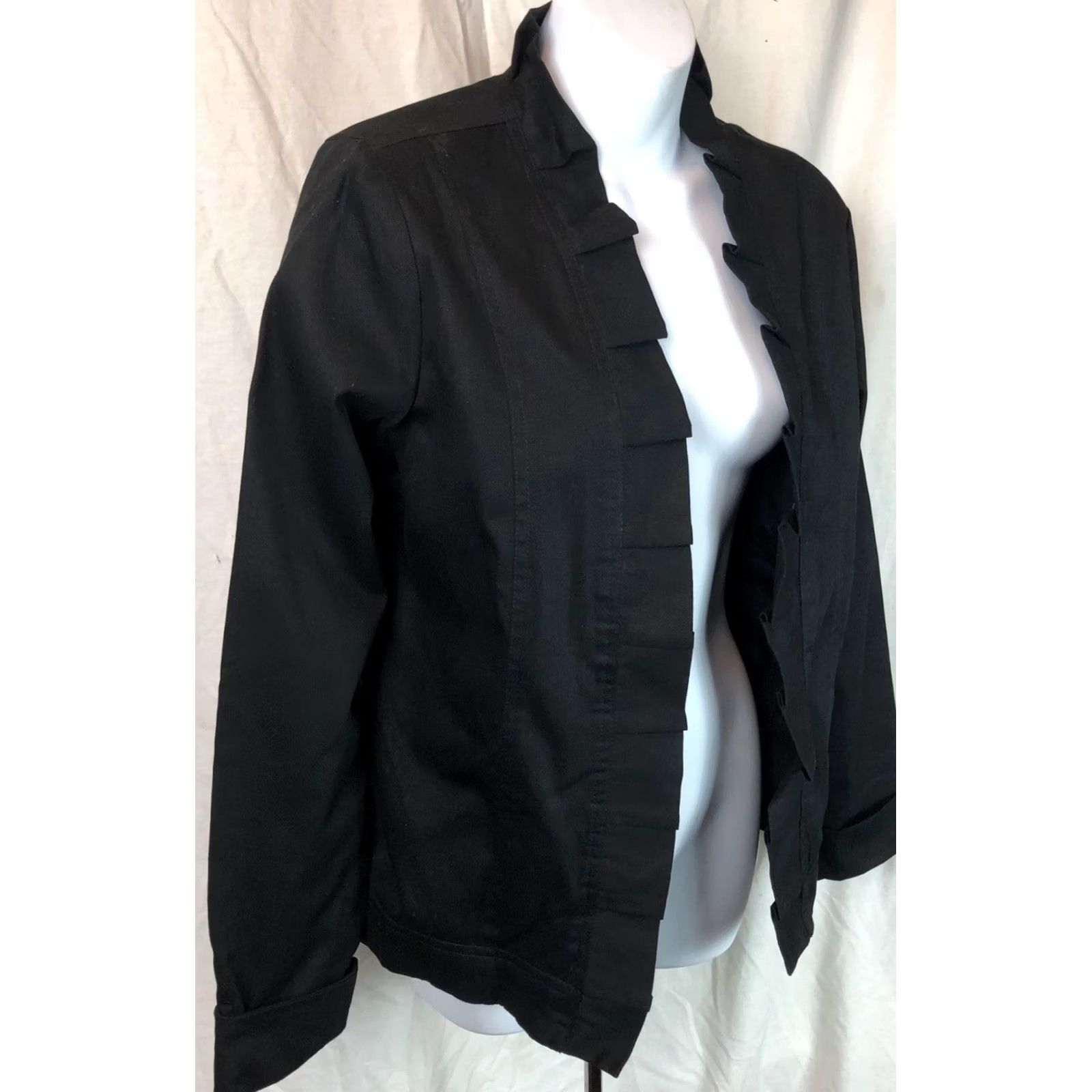 Vintage Life Style Open Front Cardigan M Black Ruffle Front Cuffed Long Sleeve Jacket Women, Career, Work, Casual, Short Sleeve? Size M / US 6-8 / IT 42-44 - 3 Thumbnail