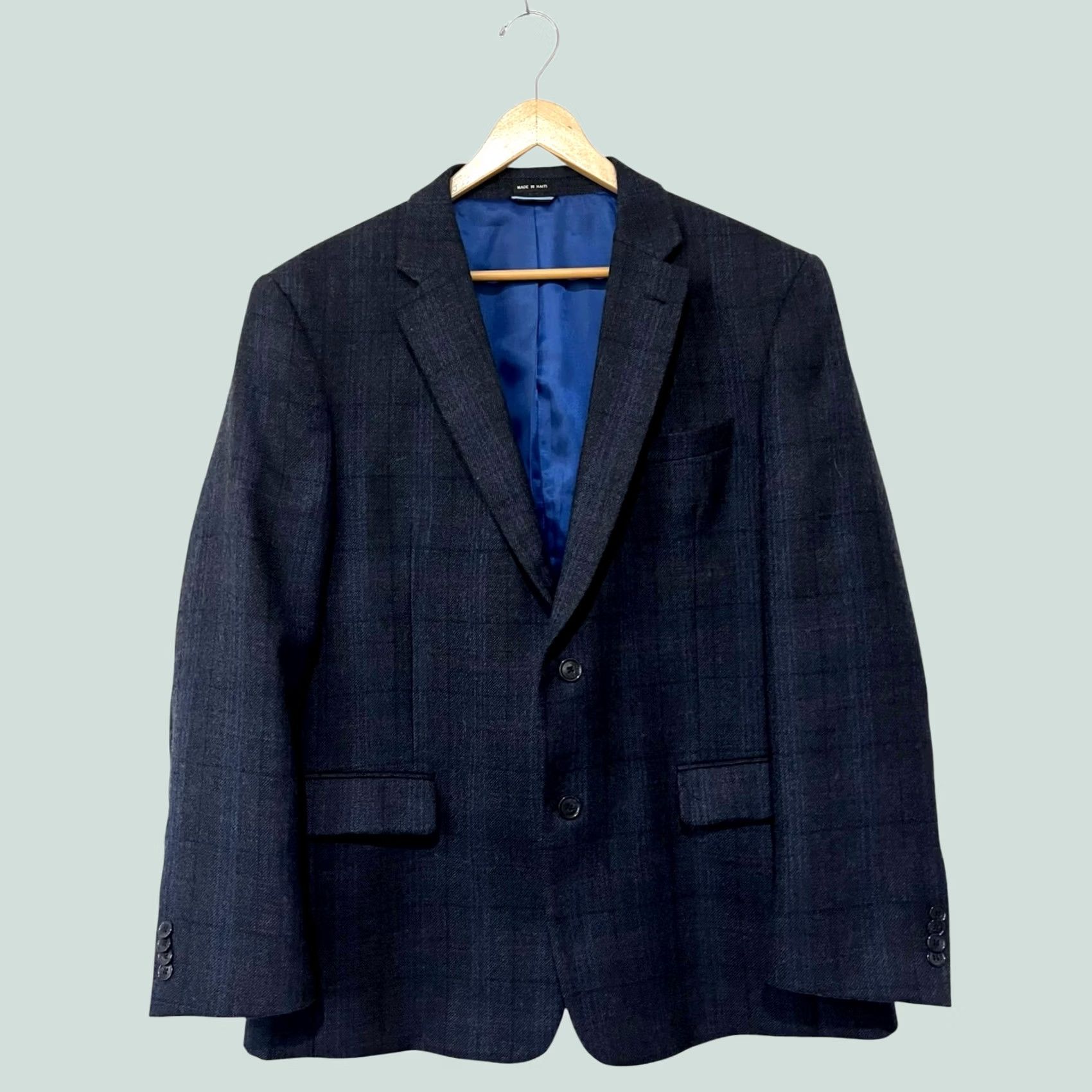 Tommy Hilfiger Tommy Hilfiger Blazer Mens 44R Blue Worsted Wool Windowpane Two Button Sport Coat Jacket Front Two-Button Blazer Mens Regular Size 44 Blue Size 44R - 1 Thumbnail