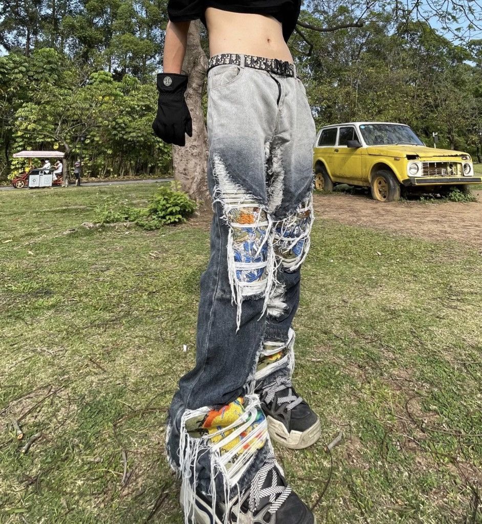 Japanese Brand × Vintage Frayed embroidered loose straight ripped jeans pants y2k Size US 32 / EU 48 - 3 Thumbnail