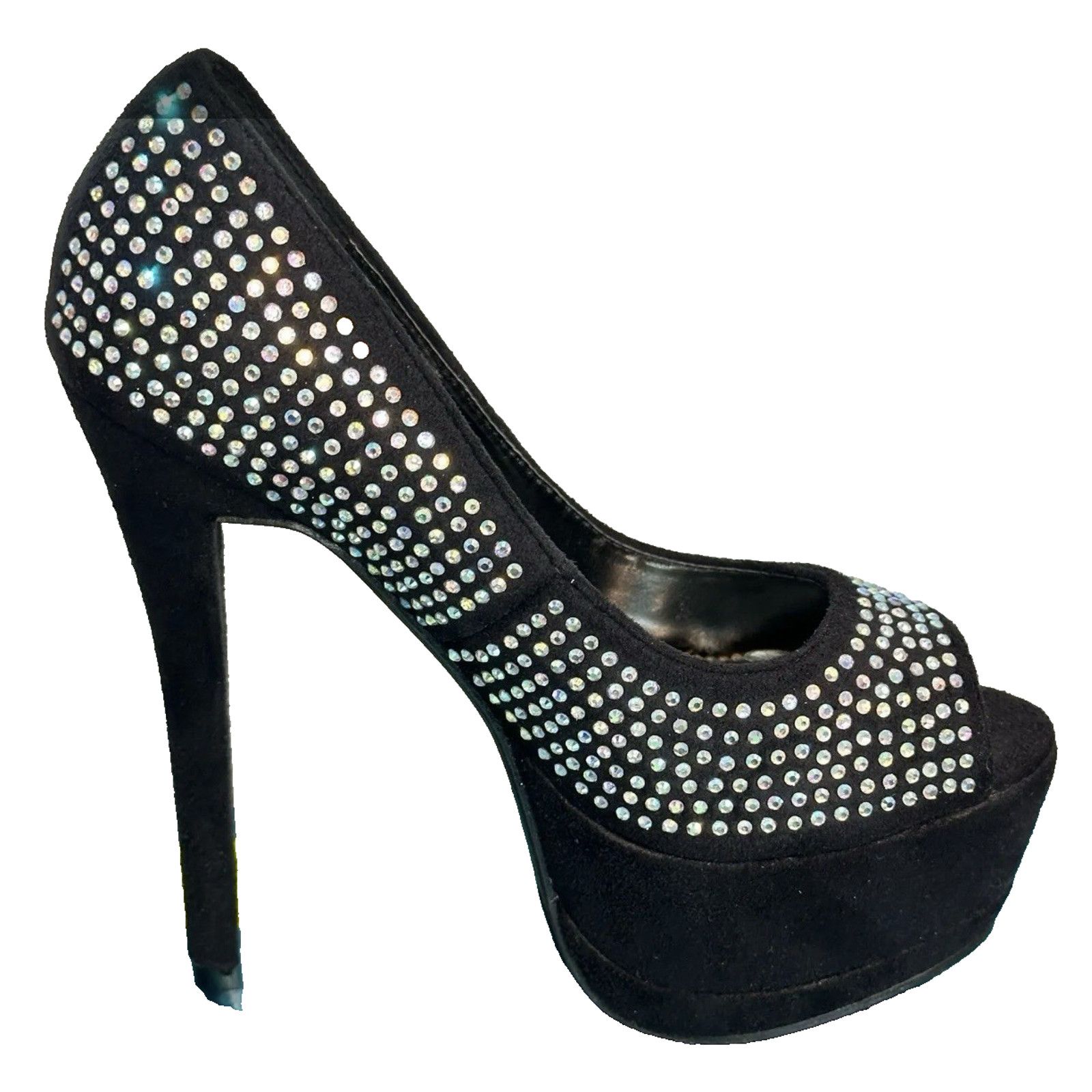 Other Black Suede Platform Stiletto Heels Rhinestone Embellishment Size US 5 / IT 35 - 3 Thumbnail